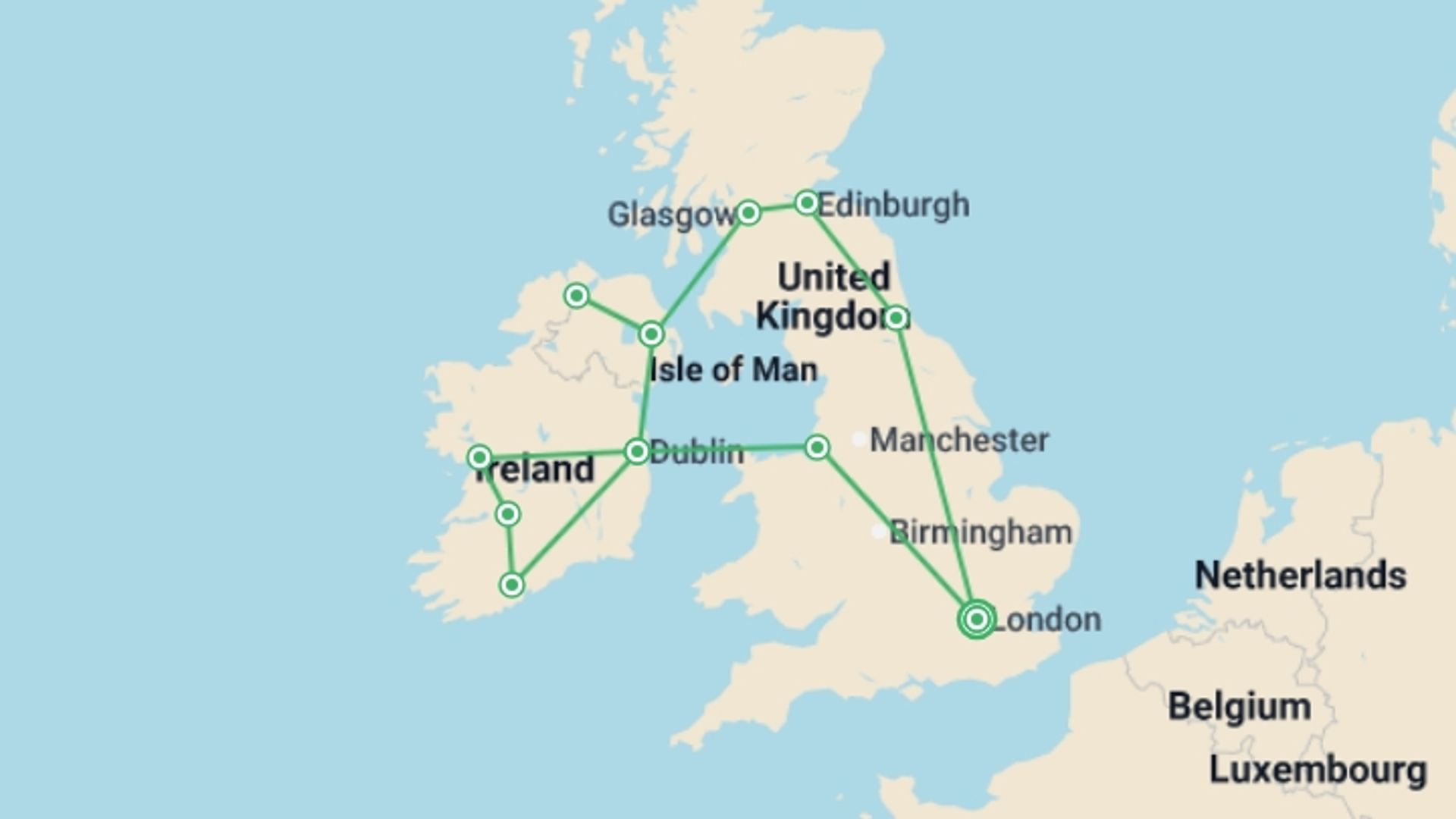 A map showing the tour itinerary for the trip: Great British Route and Emerald Isle with London, starting in London, England and ending in London, England going through 8 other destinations.