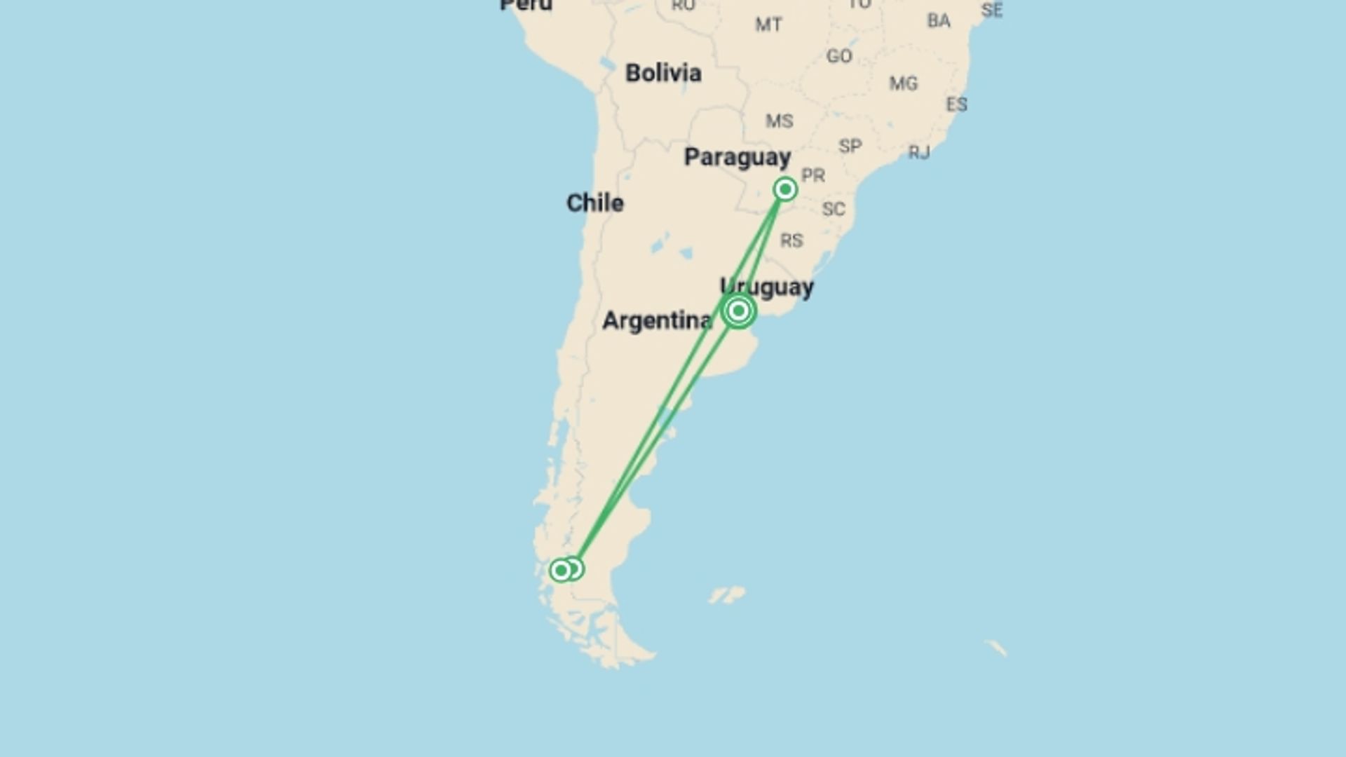 A map showing the tour itinerary for the trip: Great Getaway To Argentina, starting in Buenos Aires, Argentina and ending in Buenos Aires, Argentina going through 5 other destinations.