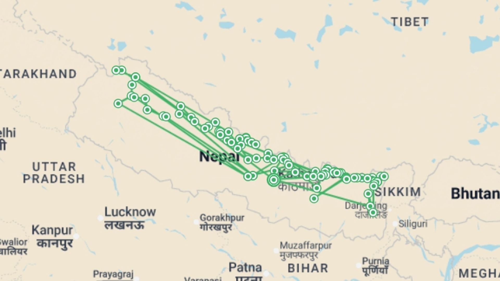 A map showing the tour itinerary for the trip: Great Himalaya Trail - The Full Traverse, starting in Kathmandu, Nepal and ending in Kathmandu, Nepal going through 4 other destinations.