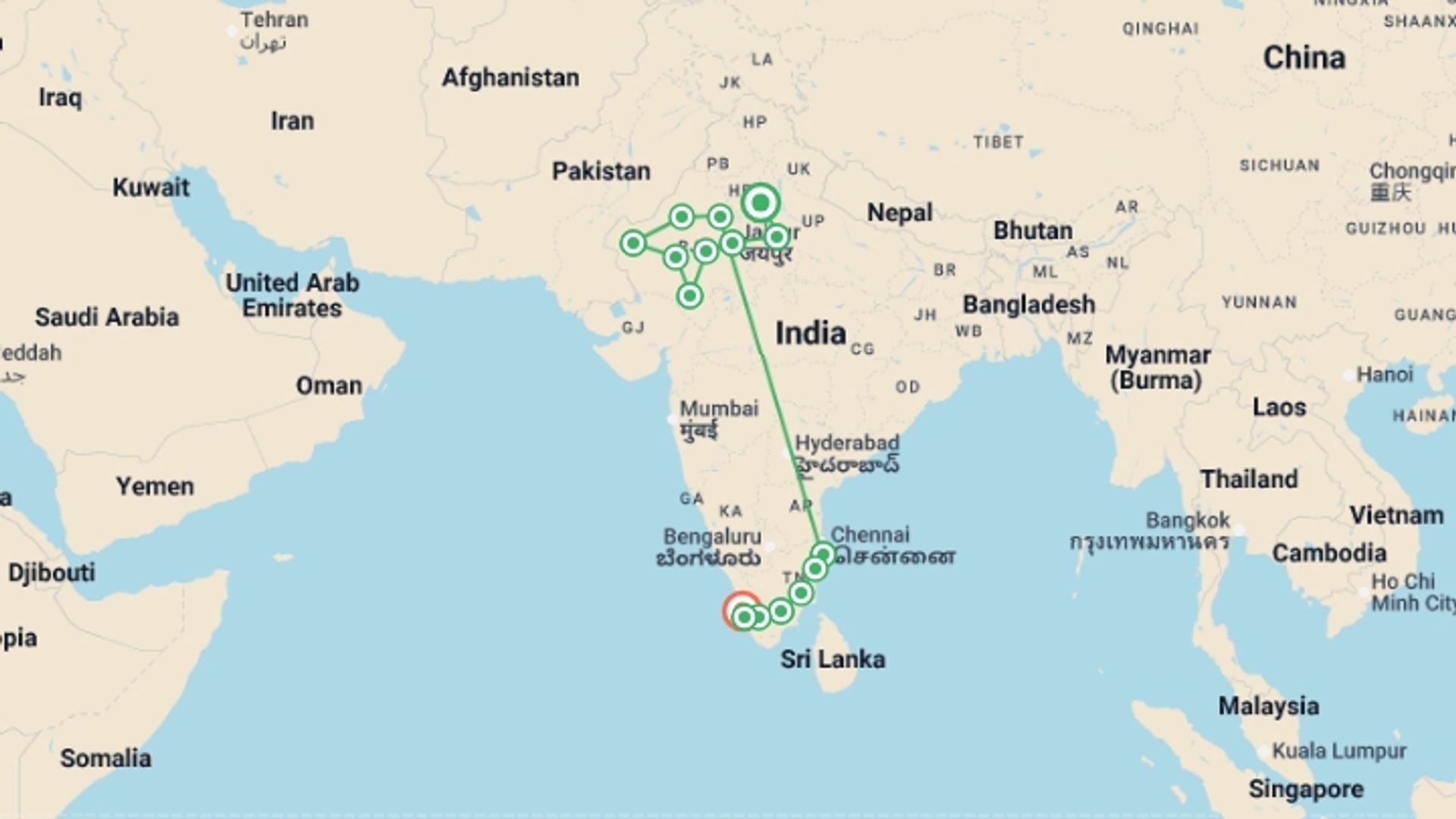 A map showing the tour itinerary for the trip: Great India, starting in New Delhi, India and ending in Chennai, India going through 13 other destinations.