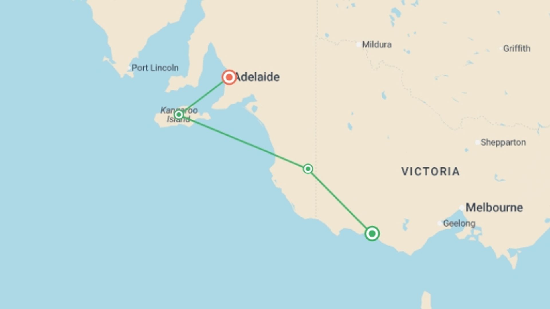 A map showing the tour itinerary for the trip: Great Ocean Road & Kangaroo Island Escape, starting in Melbourne, Australia and ending in Adelaide, Australia going through 3 other destinations.