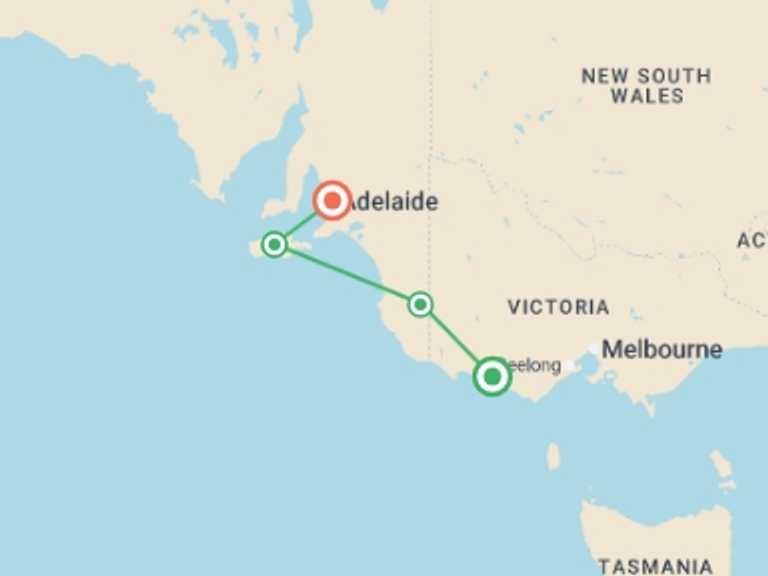Map of a City sightseeing Tour with 3 destination visits for the trip: Great Ocean Road & Kangaroo Island Escape