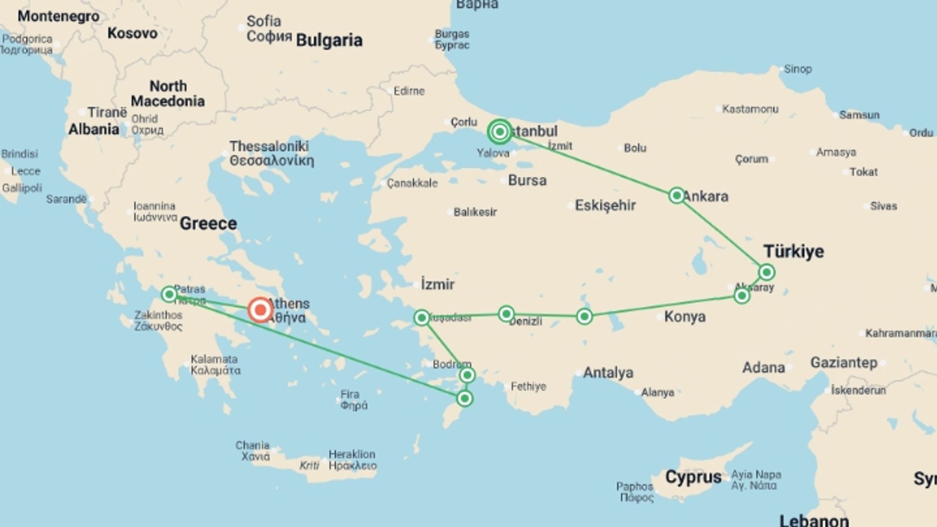 A map showing the tour itinerary for the trip: Great Turkey, Rhodes and Peloponnese End Athens, starting in Istanbul, Turkey and ending in Athens, Greece going through 8 other destinations.