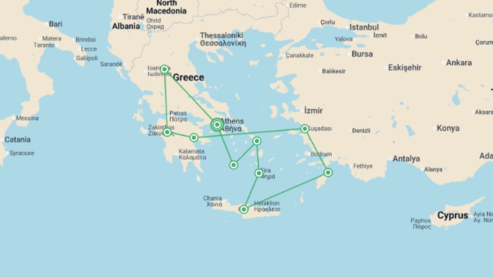 A map showing the tour itinerary for the trip: Grecian Fables, starting in Athens, Greece and ending in Athens, Greece going through 8 other destinations.