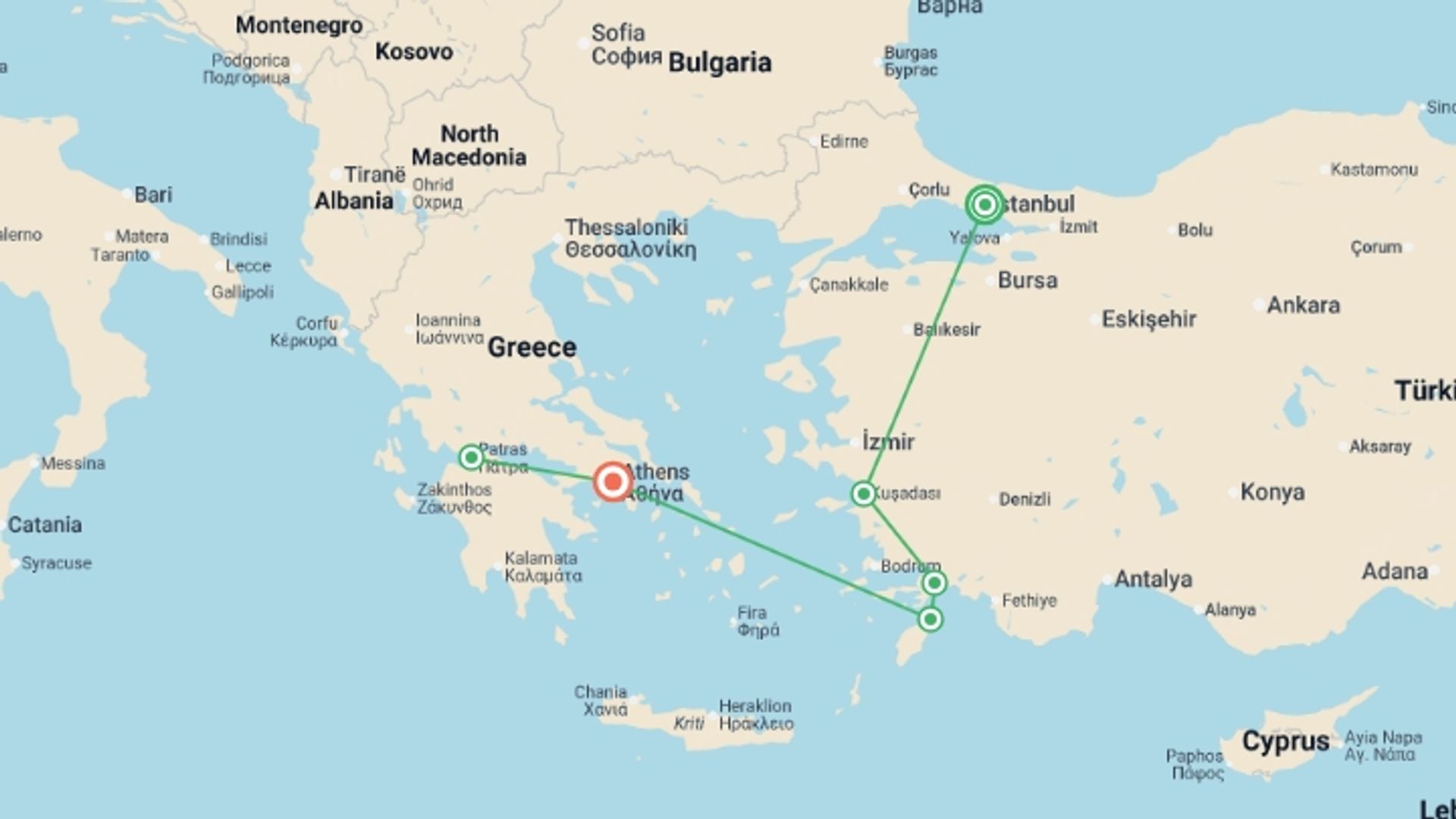 A map showing the tour itinerary for the trip: Greco-Turkish Passion, Rhodes and Peloponnese End Athens, starting in Istanbul, Turkey and ending in Athens, Greece going through 5 other destinations.
