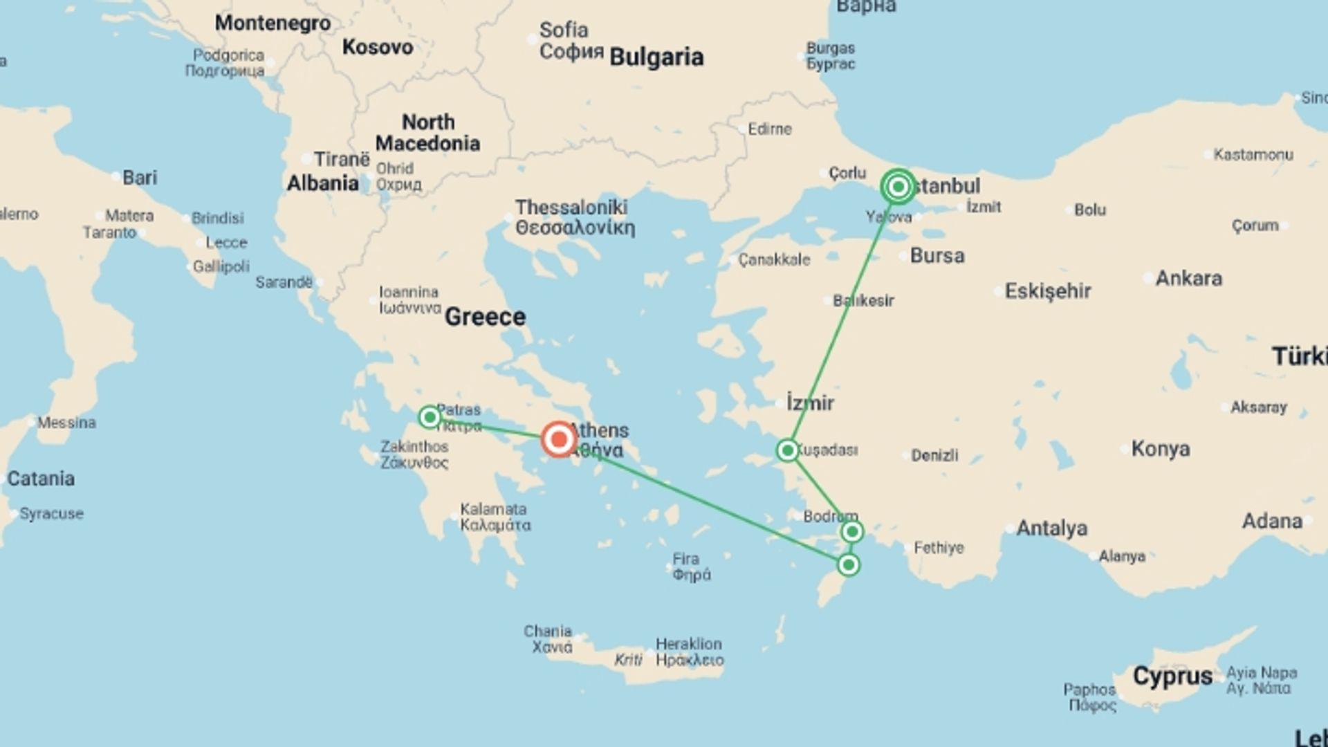 A map showing the tour itinerary for the trip: Greco-Turkish Passion, Rhodes and Peloponnese End Athens, starting in Istanbul, Turkey and ending in Athens, Greece going through 5 other destinations.