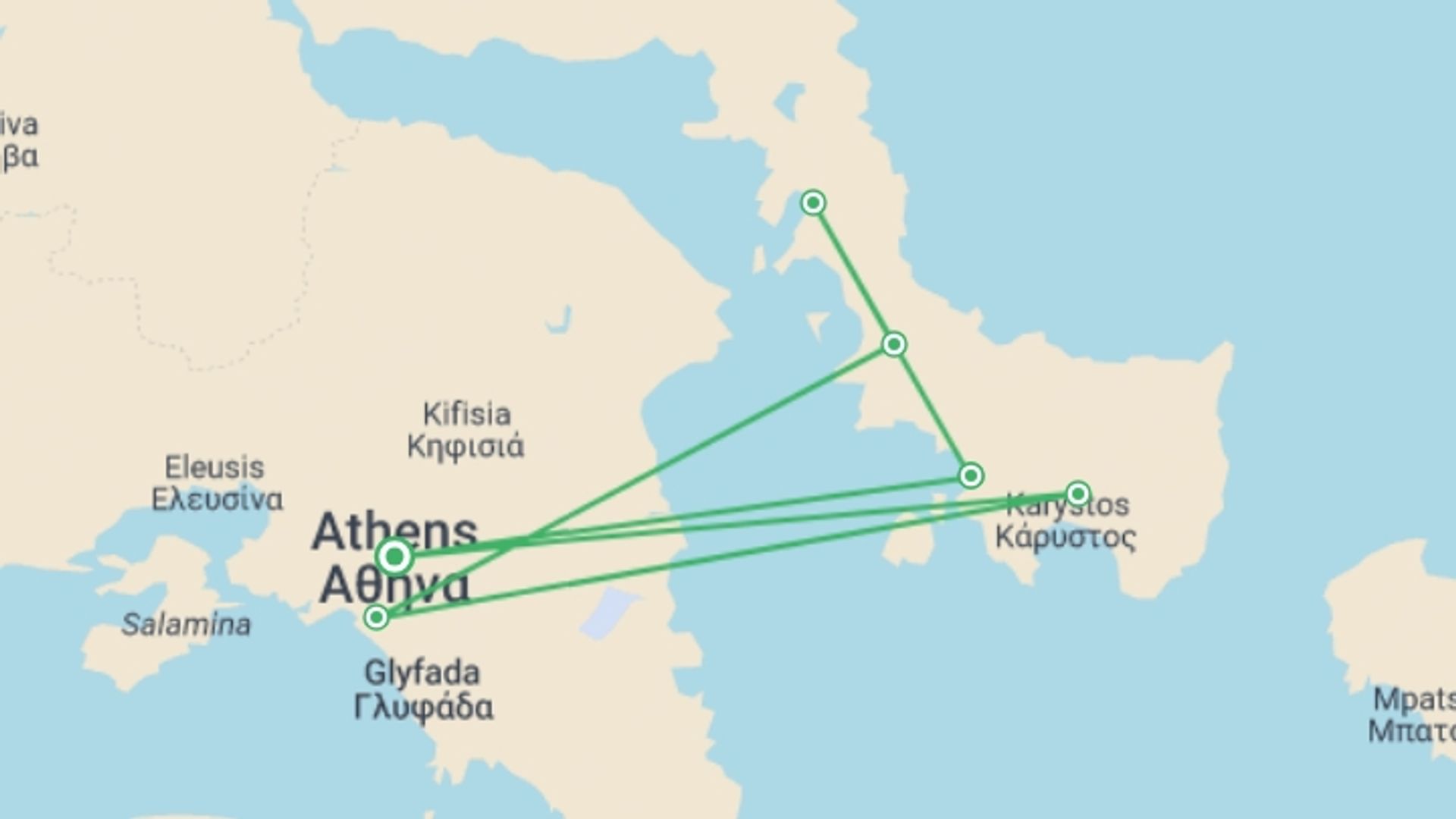 A map showing the tour itinerary for the trip: Greek Cruise and Island Walking, starting in Athens, Greece and ending in Athens, Greece going through 1 other destinations.