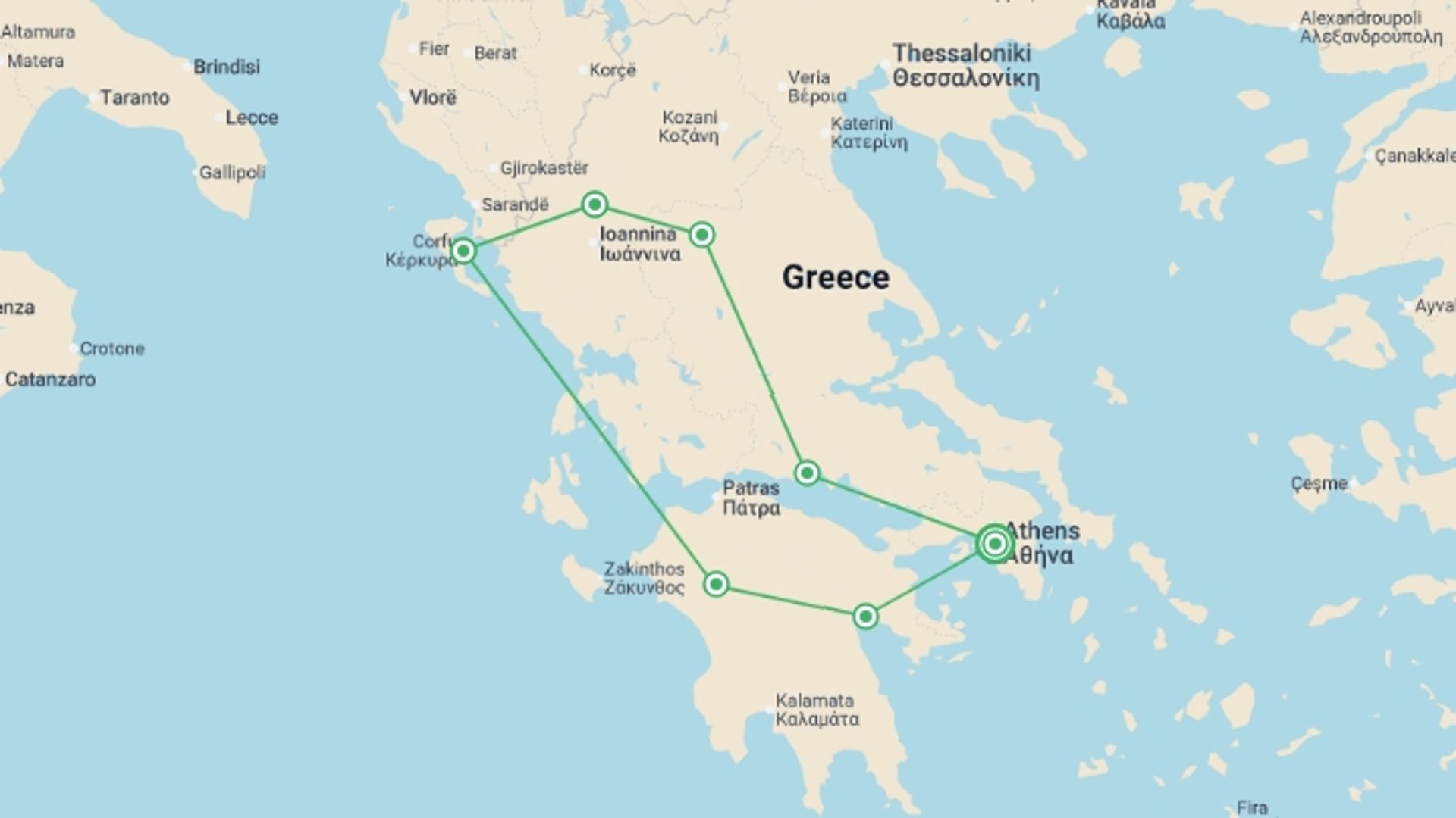 A map showing the tour itinerary for the trip: Greece: Ancient Wonders, starting in Athens, Greece and ending in Athens, Greece going through 3 other destinations.