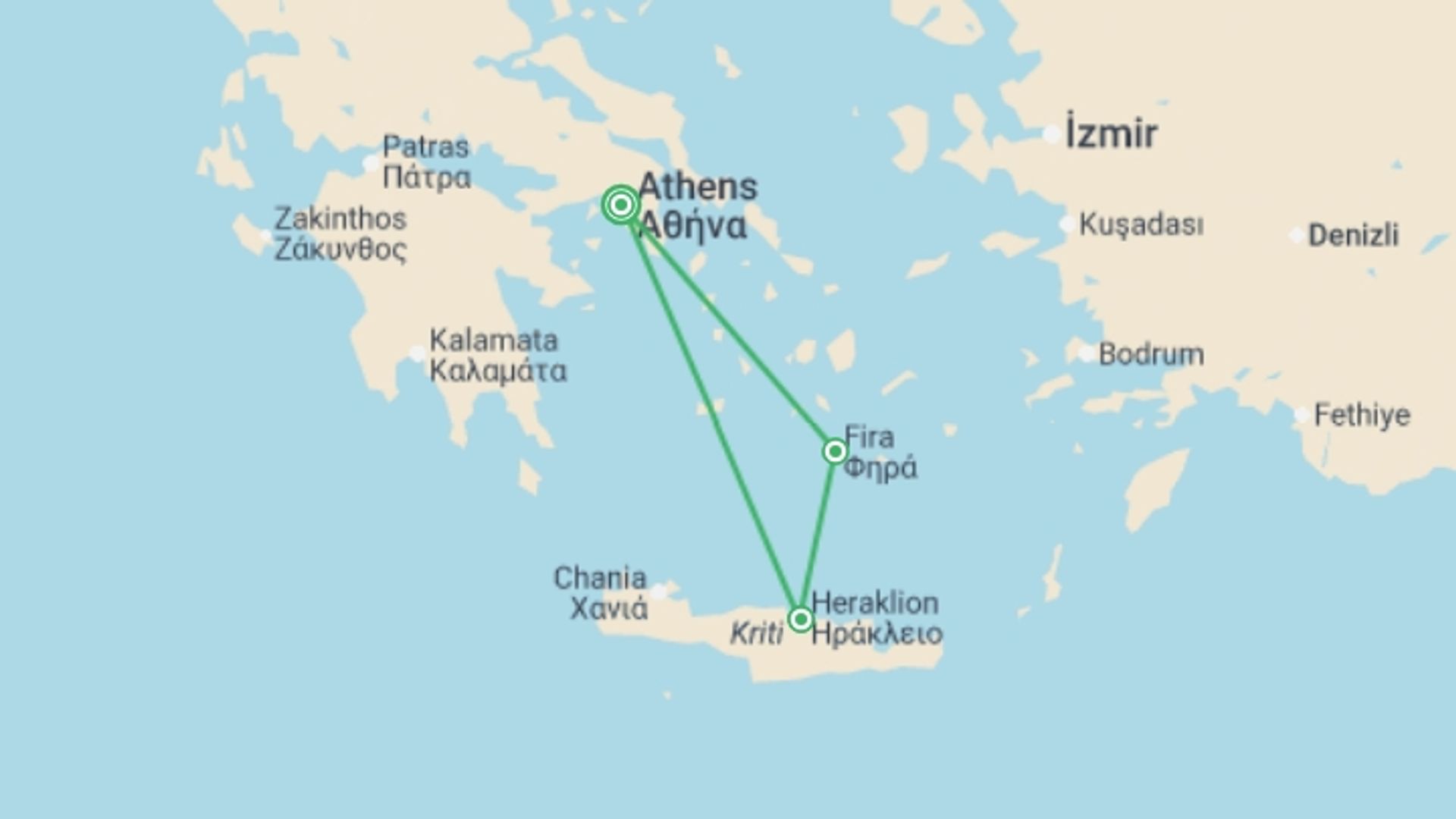 A map showing the tour itinerary for the trip: Greek Highlights and Crete, starting in Athens, Greece and ending in Athens, Greece going through 3 other destinations.