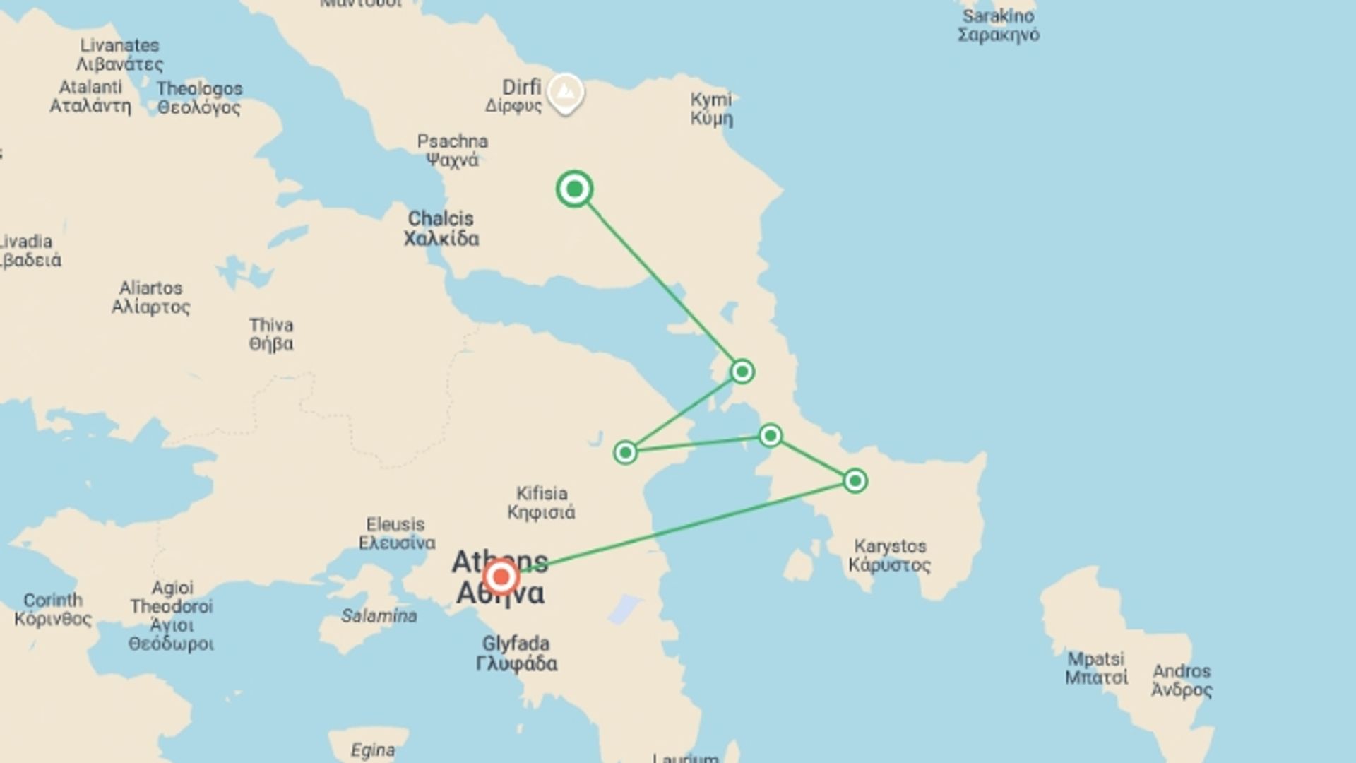 A map showing the tour itinerary for the trip: Greek Island Cruise, starting in Athens, Greece and ending in Athens, Greece going through 2 other destinations.