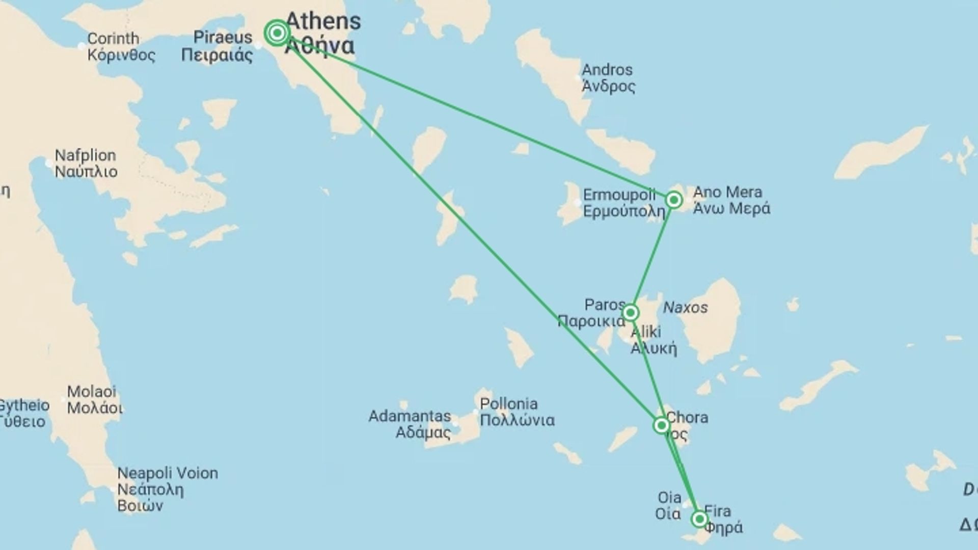 A map showing the tour itinerary for the trip: Greek Island Hopping, starting in Athens, Greece and ending in Athens, Greece going through 5 other destinations.