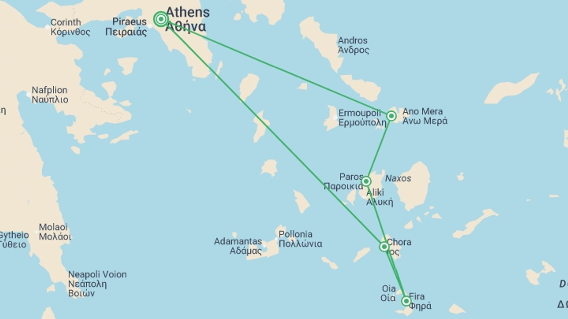 A map showing the tour itinerary for the trip: Greek Island Hopping, starting in Athens, Greece and ending in Athens, Greece going through 5 other destinations.