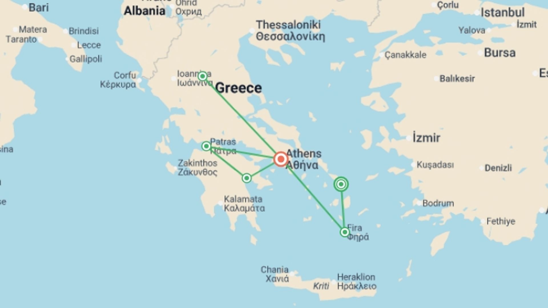 A map showing the tour itinerary for the trip: Greek Islands, Northern Greece and Peloponnese, starting in Athens, Greece and ending in Athens, Greece going through 4 other destinations.