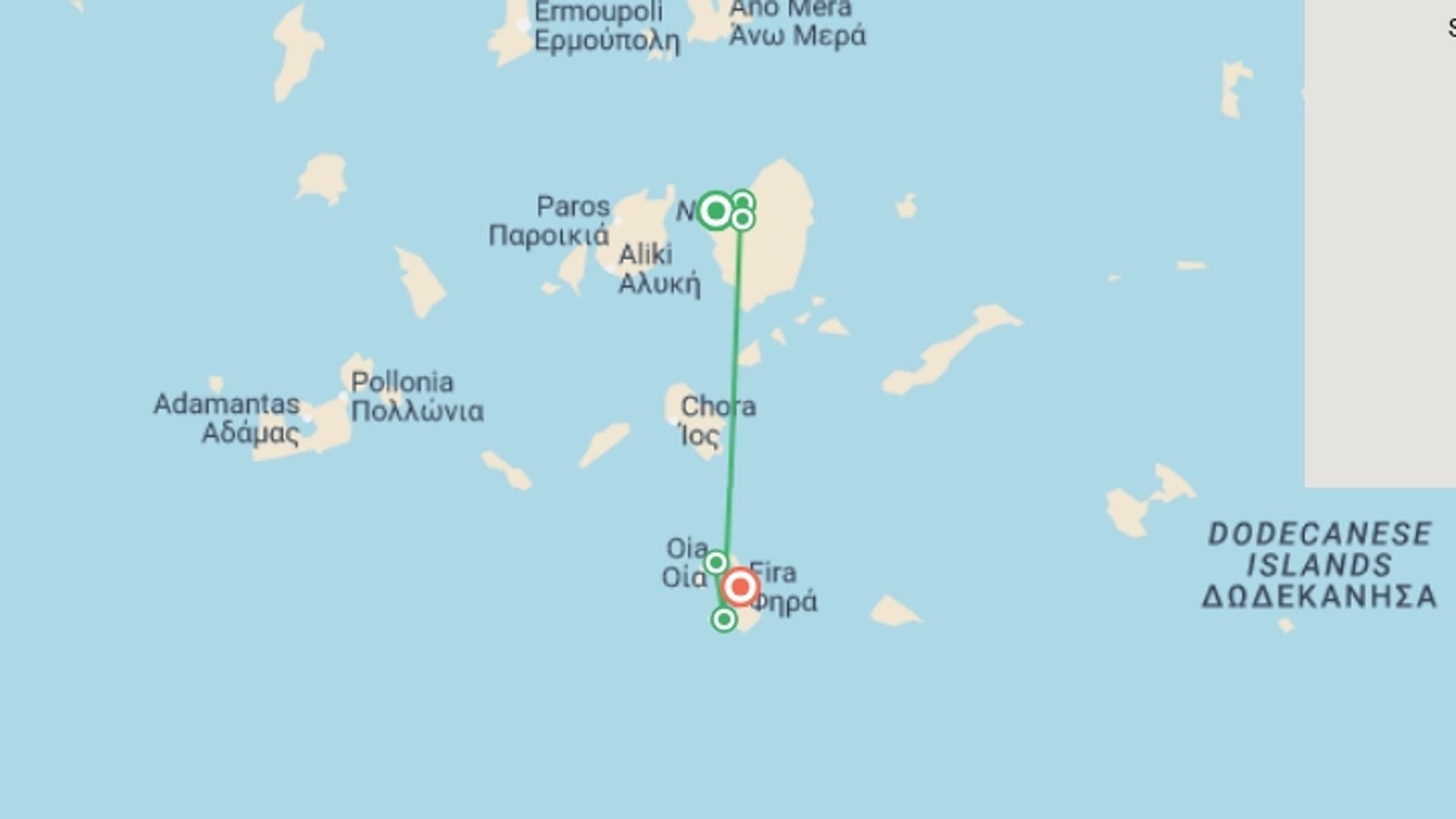 A map showing the tour itinerary for the trip: Greek Islands Walk: Santorini & Naxos on Foot, starting in Santorini, Greece and ending in Santorini, Greece going through 2 other destinations.