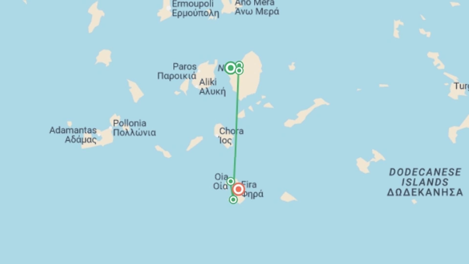 A map showing the tour itinerary for the trip: Greek Islands Walk: Santorini & Naxos on Foot, starting in Santorini, Greece and ending in Santorini, Greece going through 2 other destinations.