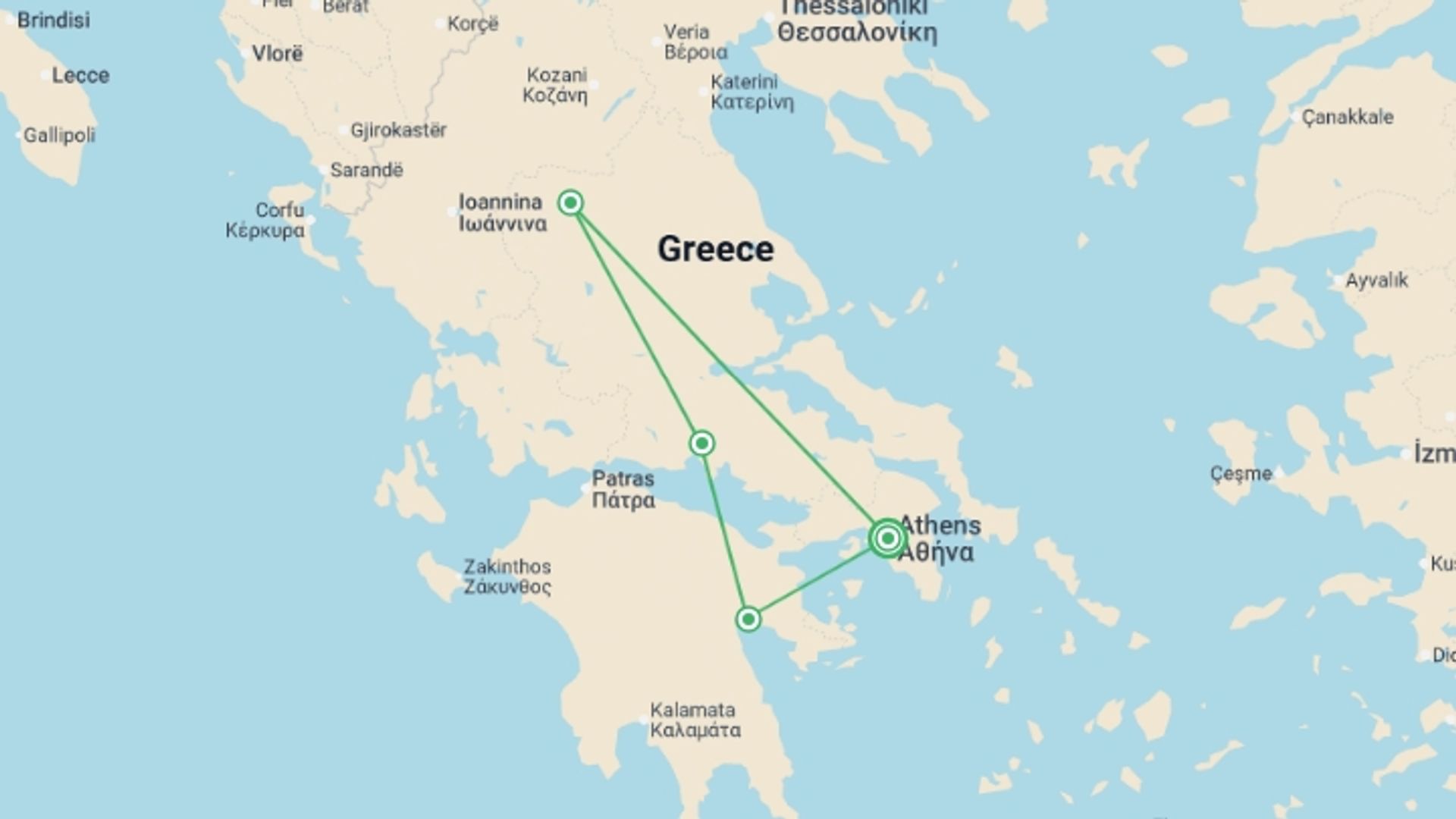 A map showing the tour itinerary for the trip: Greek Spotlight - Small Group, starting in Athens, Greece and ending in Athens, Greece going through 3 other destinations.