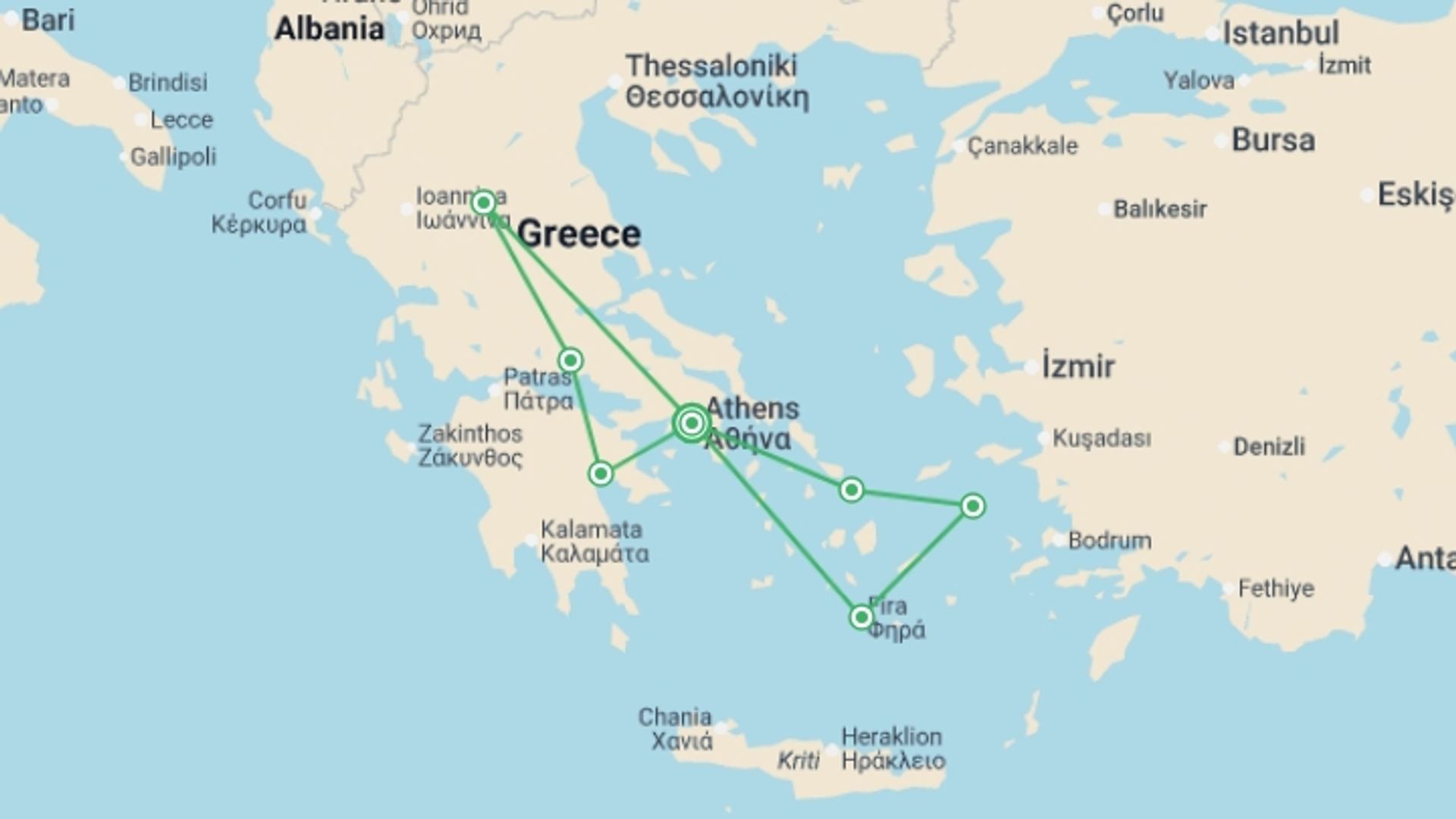 A map showing the tour itinerary for the trip: Greek Spotlight with Cruise - Small Group , starting in Athens, Greece and ending in Athens, Greece going through 6 other destinations.