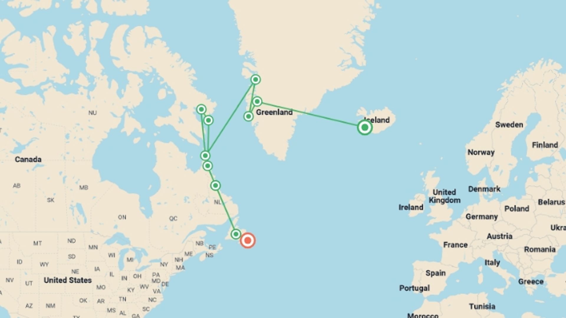 A map showing the tour itinerary for the trip: Greenland to Newfoundland: Mountains, Wildlife and Viking History, starting in Reykjavik, Iceland and ending in St. John's, Canada going through 3 other destinations.