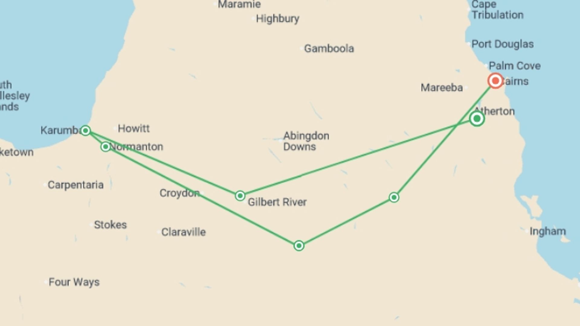 A map showing the tour itinerary for the trip: Gulf Savannah Wanderer, starting in Cairns, Australia and ending in Cairns, Australia going through 1 other destinations.