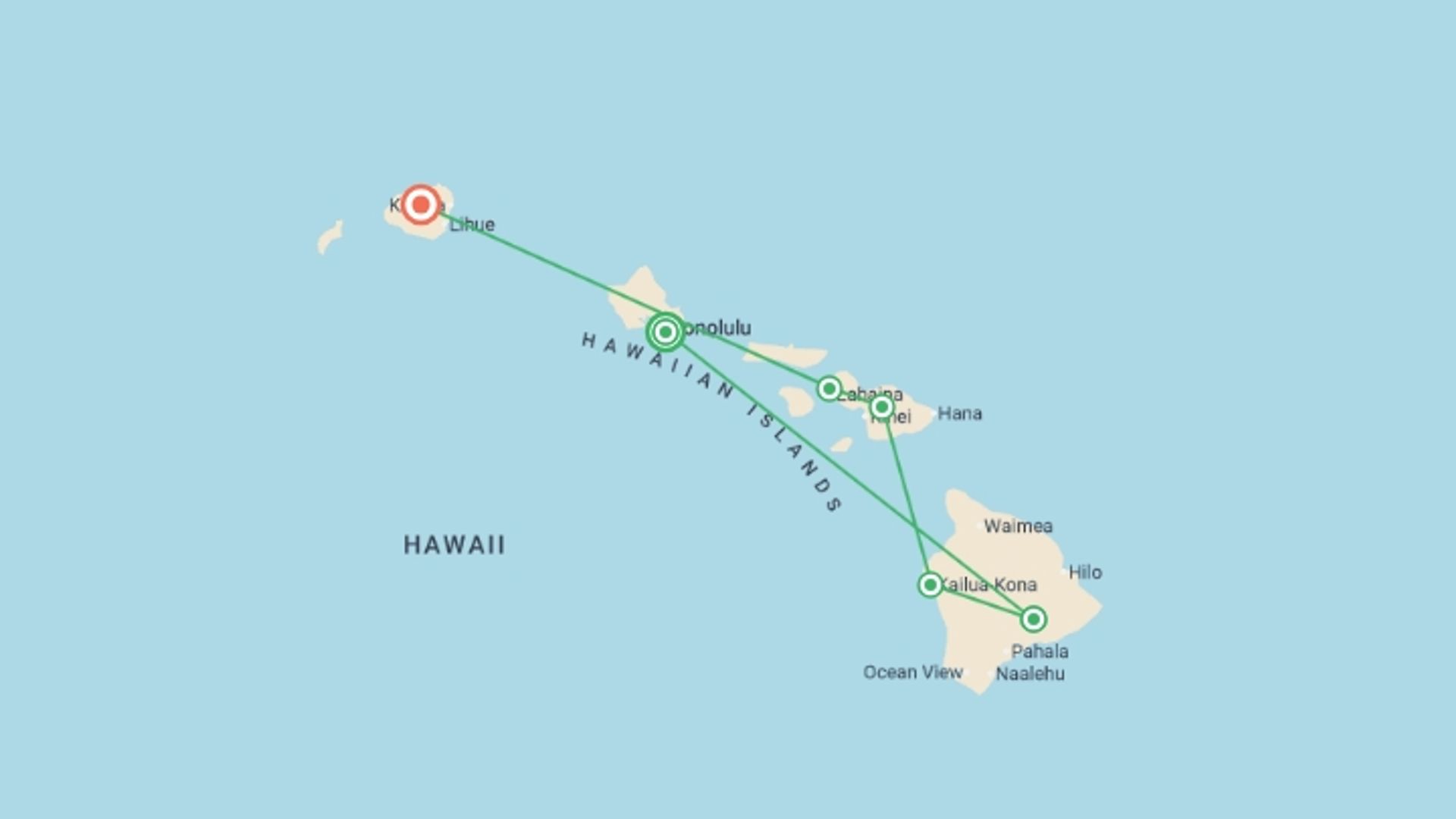 A map showing the tour itinerary for the trip: Hawaii Four Island Adventure, starting in Honolulu, USA and ending in USA going through 2 other destinations.