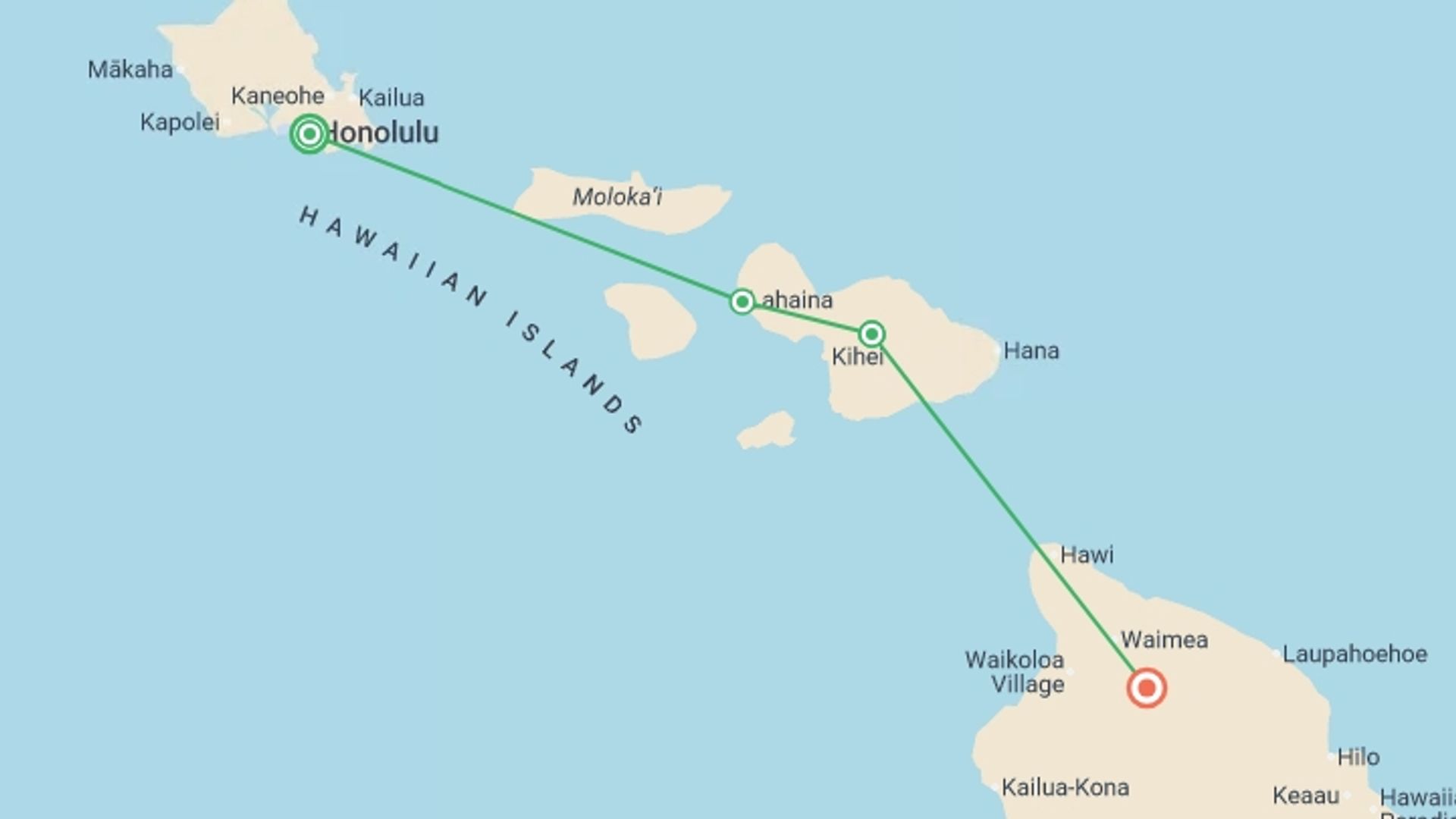 A map showing the tour itinerary for the trip: Hawaii with Oahu, Maui & the Big Island, starting in Honolulu, USA and ending in Hawaii, USA going through 5 other destinations.
