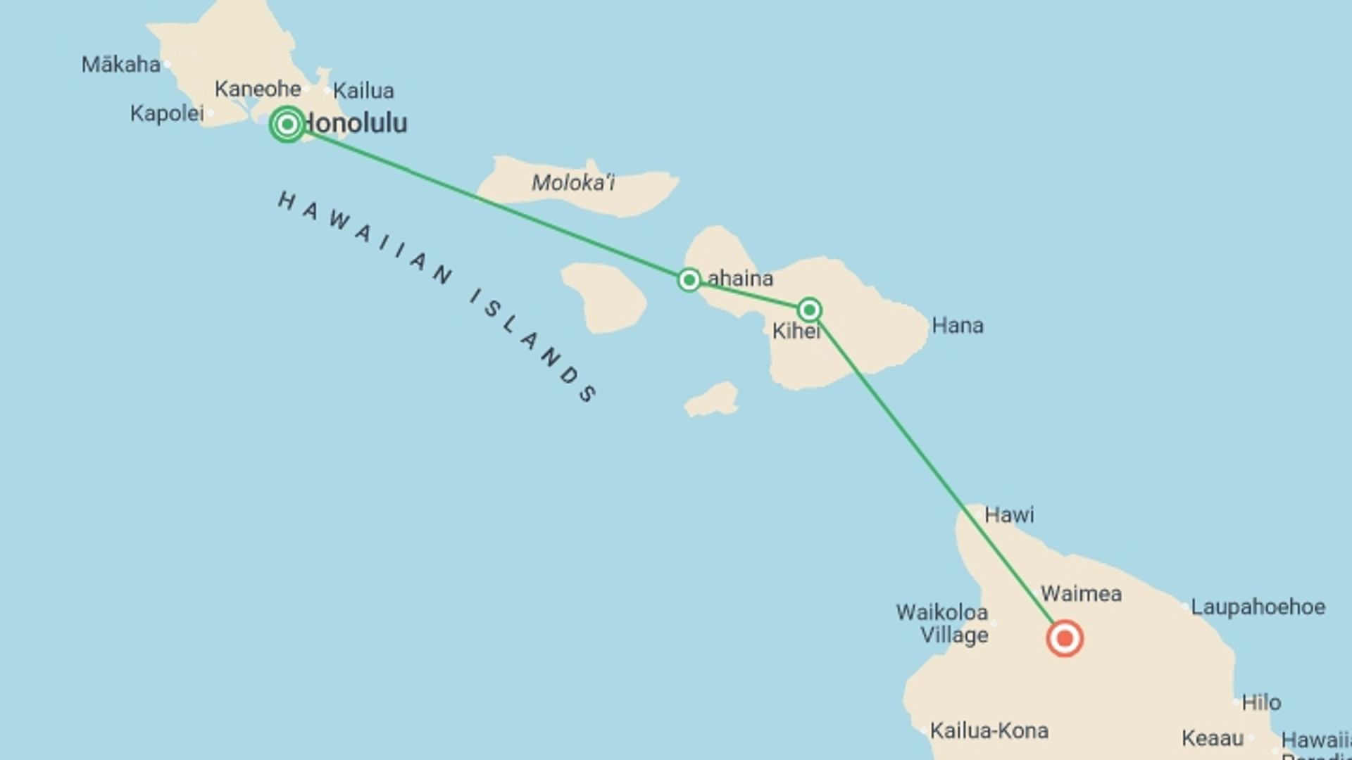 A map showing the tour itinerary for the trip: Hawaii with Oahu, Maui & the Big Island, starting in Honolulu, USA and ending in Hawaii, USA going through 5 other destinations.