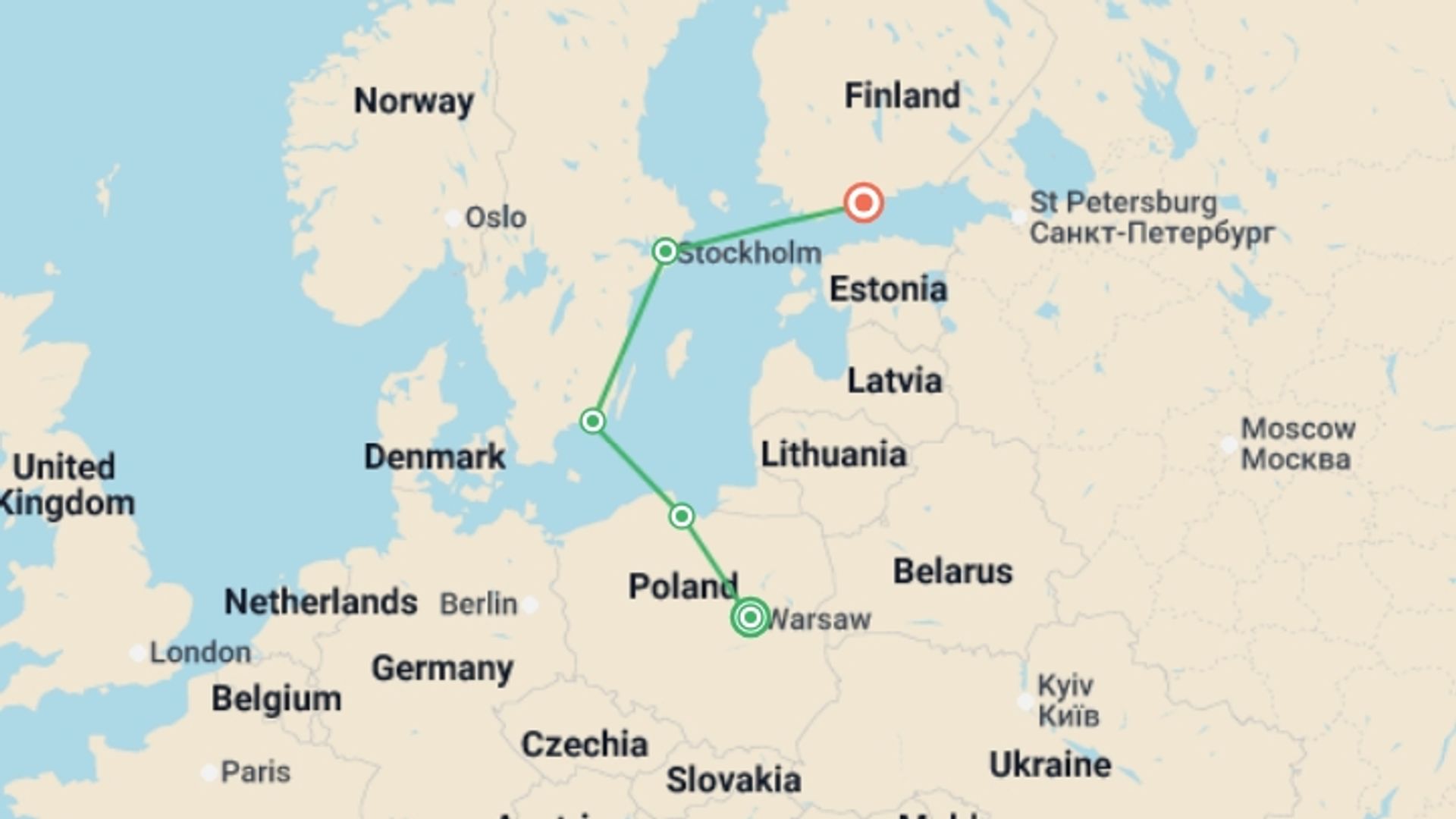 A map showing the tour itinerary for the trip: Heading North End Helsinki, starting in Warsaw, Poland and ending in Helsinki, Finland going through 4 other destinations.