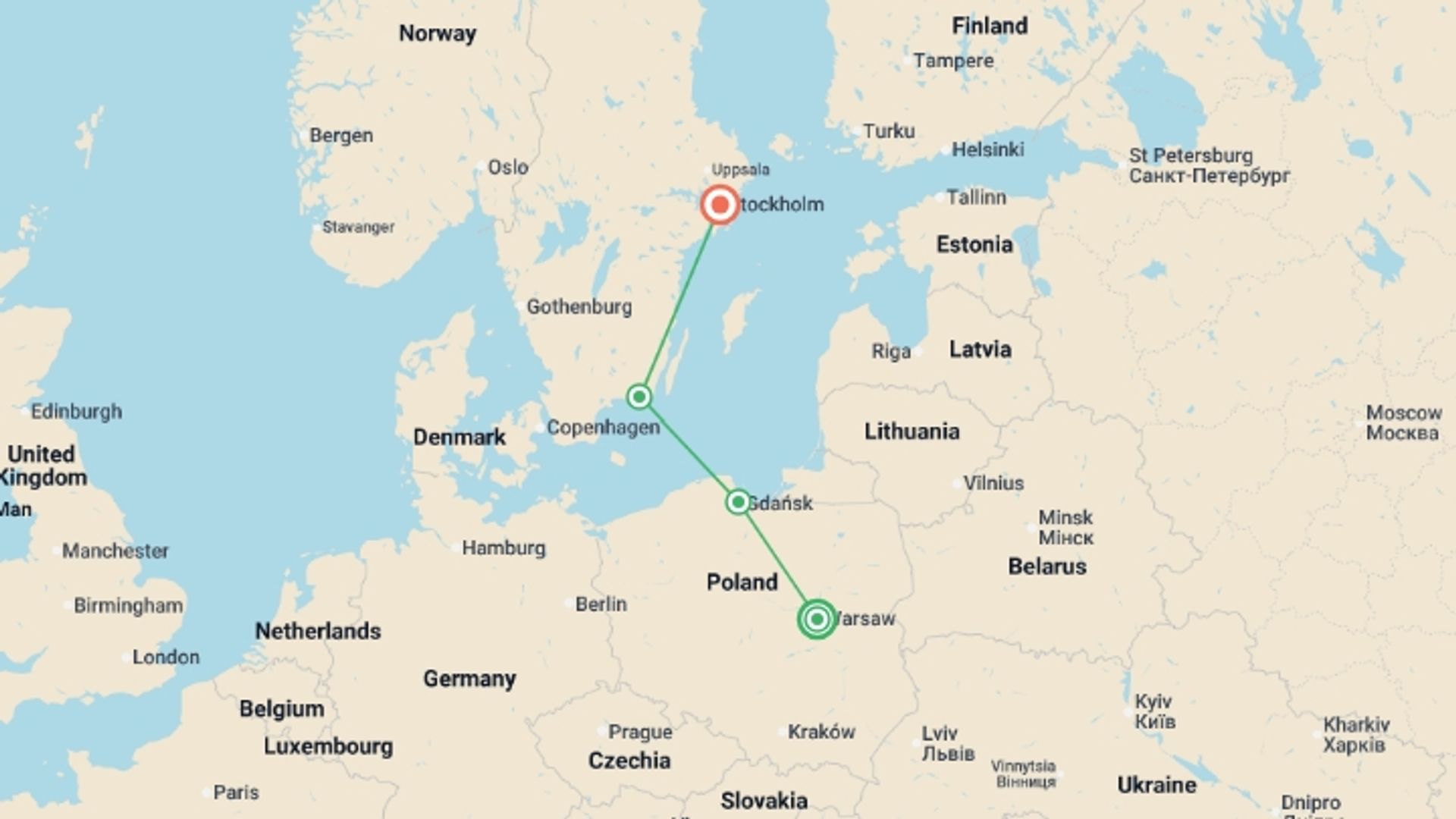 A map showing the tour itinerary for the trip: Heading North End Stockholm, starting in Warsaw, Poland and ending in Stockholm, Sweden going through 3 other destinations.