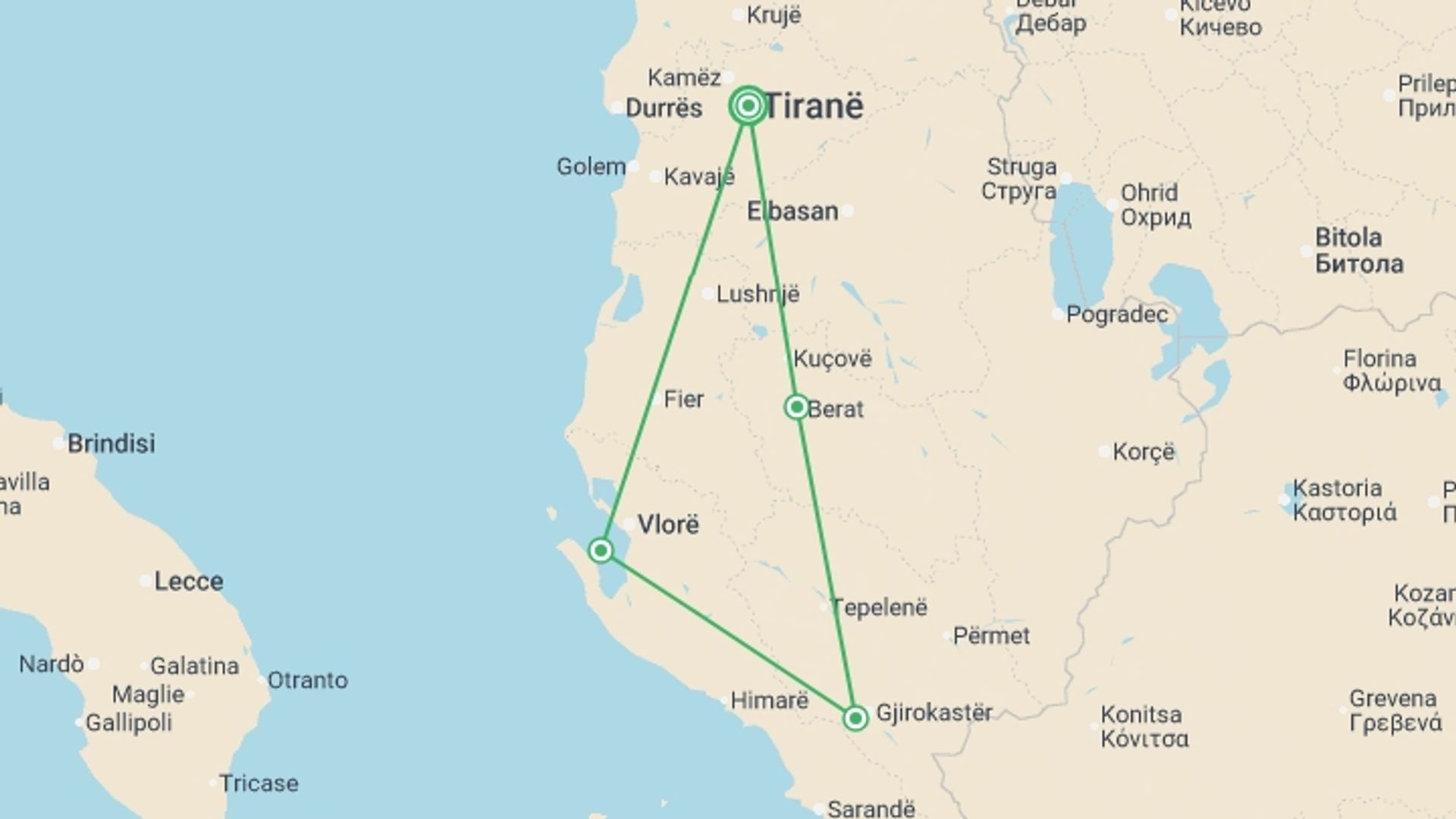 A map showing the tour itinerary for the trip: Heart of Albania, starting in Tirana, Albania and ending in Tirana, Albania going through 3 other destinations.