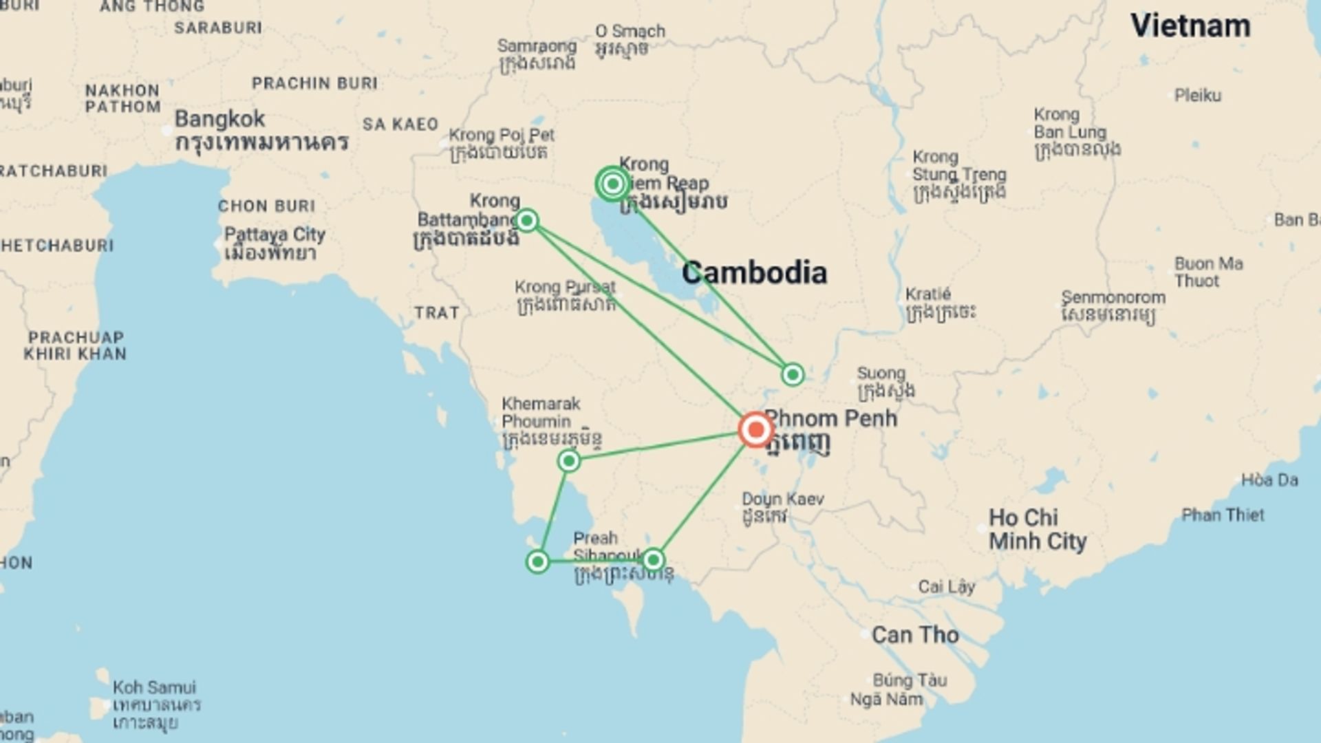A map showing the tour itinerary for the trip: Heart of Cambodia, starting in Siem Reap, Cambodia and ending in Phnom Penh, Cambodia going through 4 other destinations.