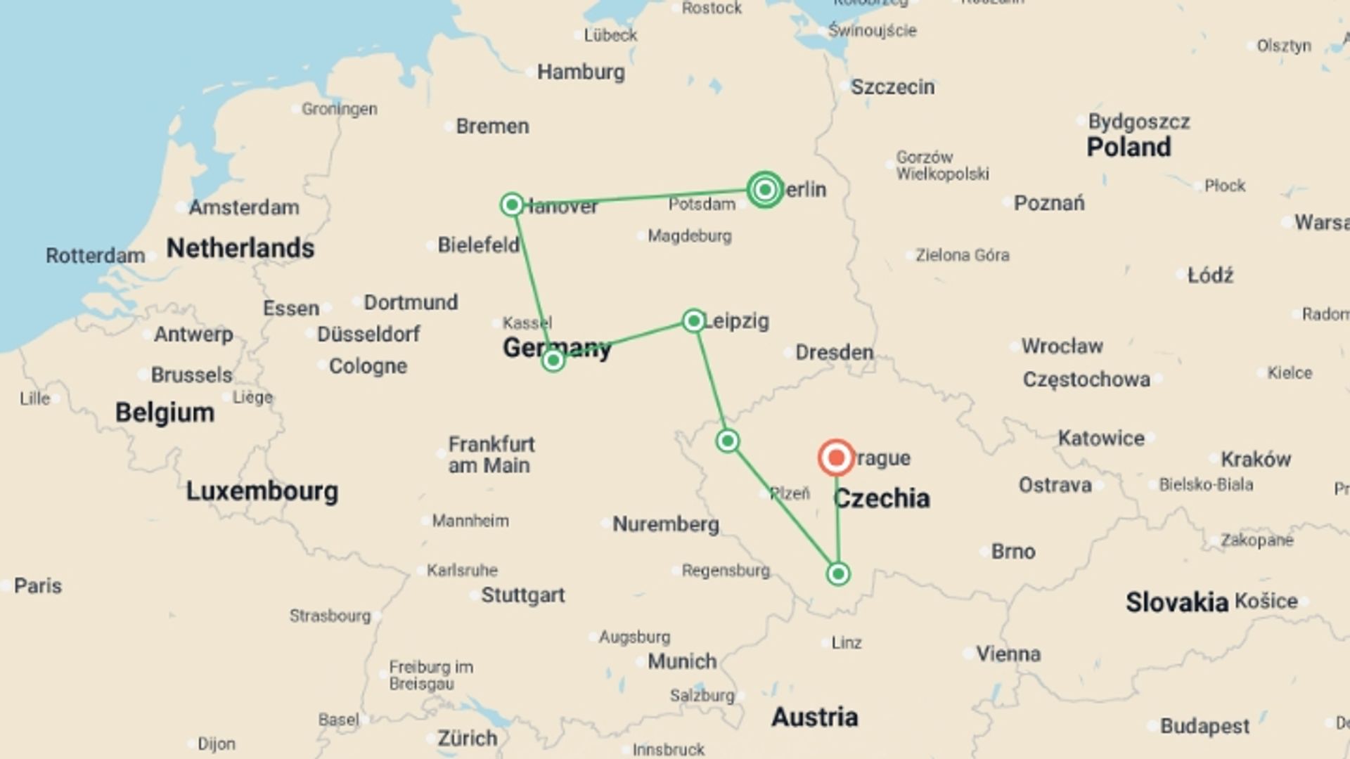 A map showing the tour itinerary for the trip: Heart of Germany and Czech Pearls, starting in Berlin, Germany and ending in Prague, Czech Republic going through 3 other destinations.