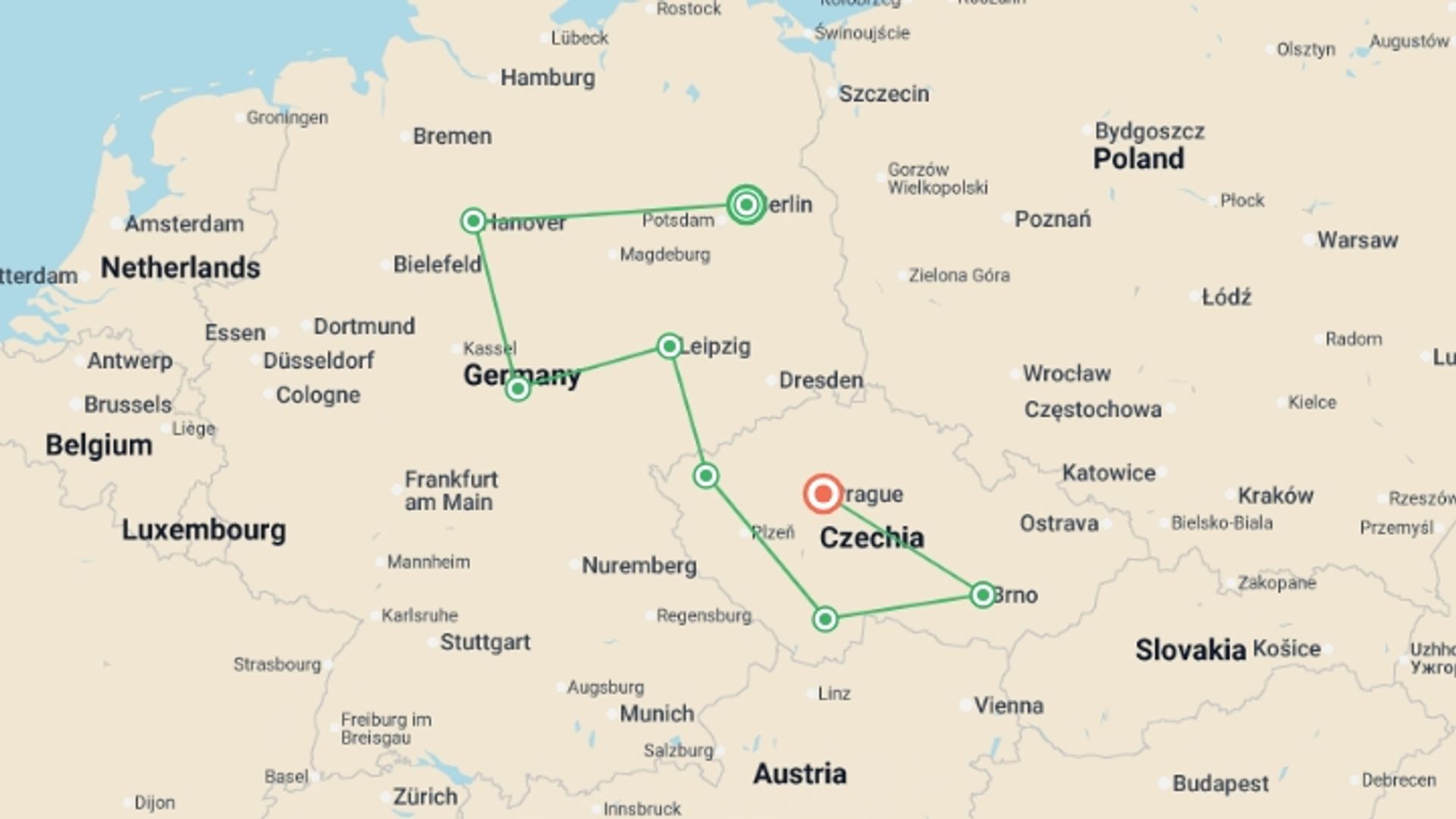 A map showing the tour itinerary for the trip: Heart of Germany and Full Czechia, starting in Berlin, Germany and ending in Prague, Czech Republic going through 3 other destinations.