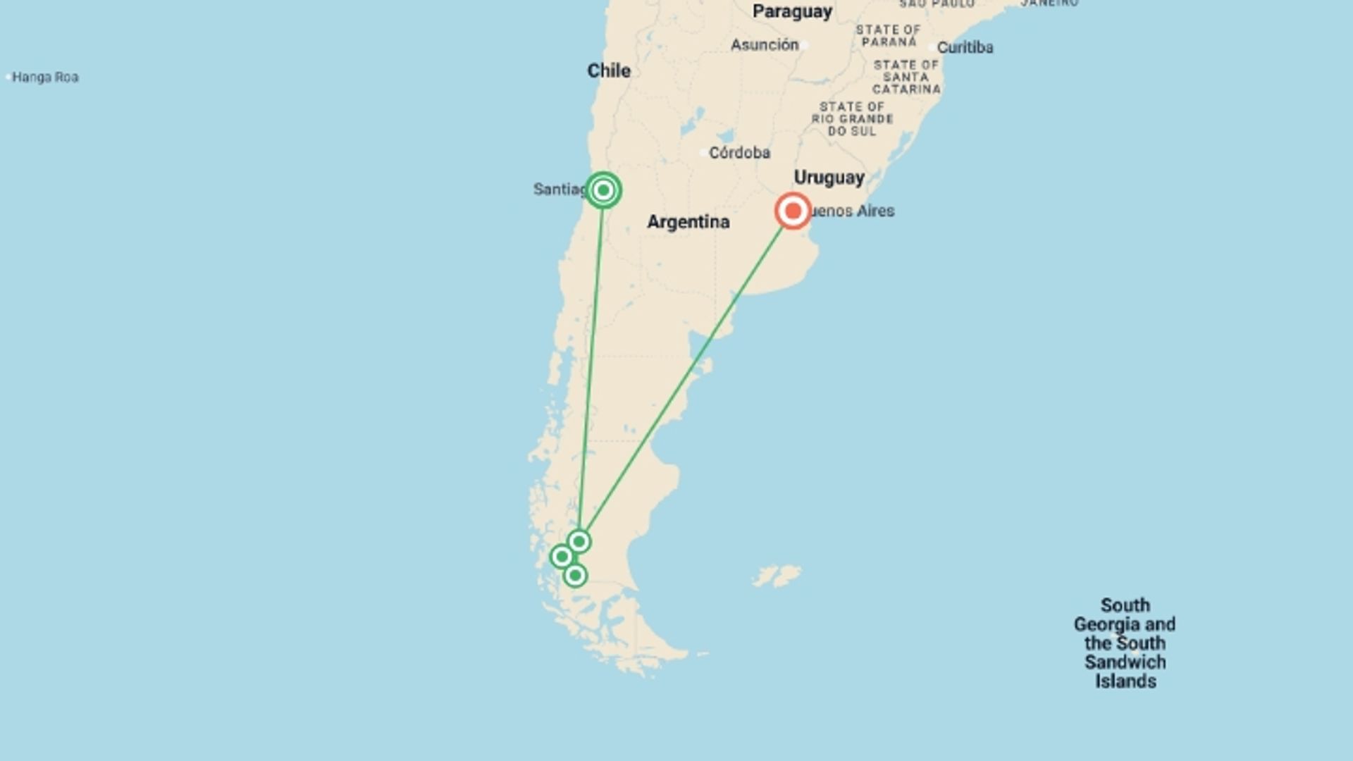 A map showing the tour itinerary for the trip: Heart of Patagonia, starting in Santiago, Chile and ending in Buenos Aires, Argentina going through 5 other destinations.