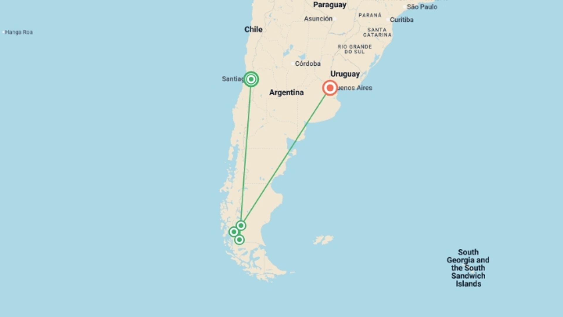A map showing the tour itinerary for the trip: Heart of Patagonia, starting in Santiago, Chile and ending in Buenos Aires, Argentina going through 5 other destinations.