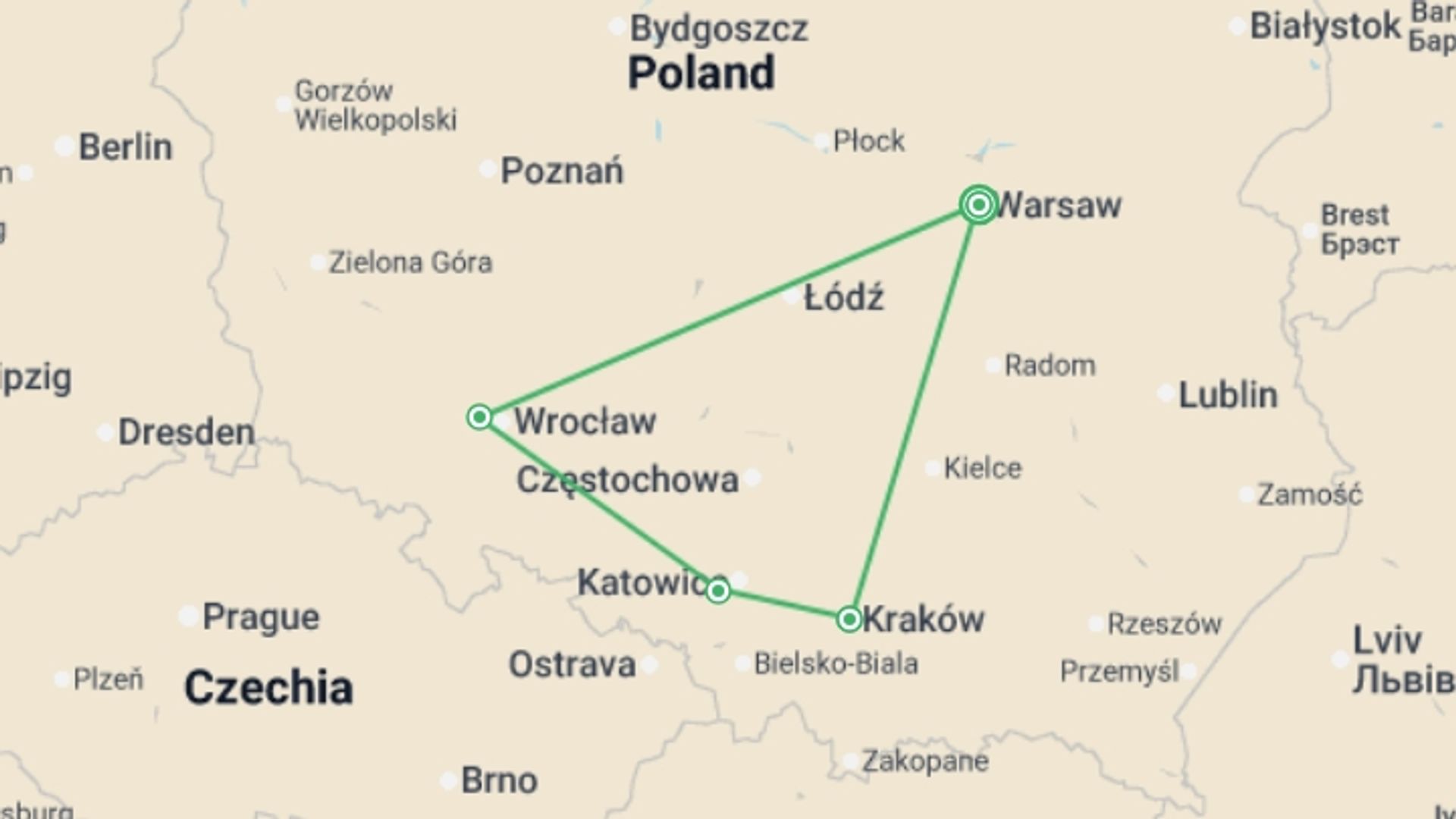 A map showing the tour itinerary for the trip: Heart of Poland, starting in Warsaw, Poland and ending in Warsaw, Poland going through 2 other destinations.
