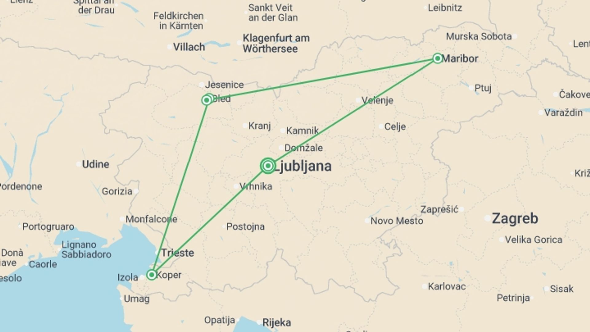 A map showing the tour itinerary for the trip: Hidden Slovenia - Small Group, starting in Ljubljana, Slovenia and ending in Ljubljana, Slovenia going through 2 other destinations.
