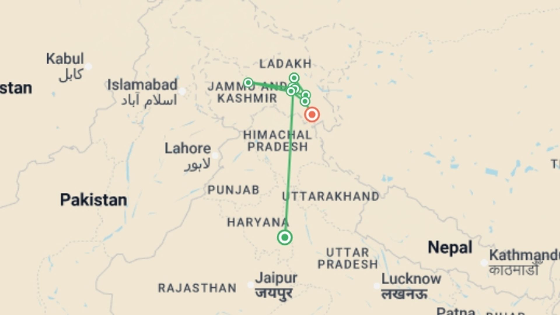 A map showing the tour itinerary for the trip: Hidden Valleys of Ladakh, starting in New Delhi, India and ending in New Delhi, India going through 2 other destinations.