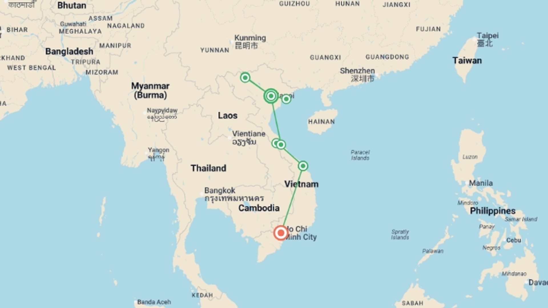 A map showing the tour itinerary for the trip: Hidden Vietnam: Sapa & Beyond, starting in Hanoi, Vietnam and ending in Ho Chi Minh City, Vietnam going through 5 other destinations.