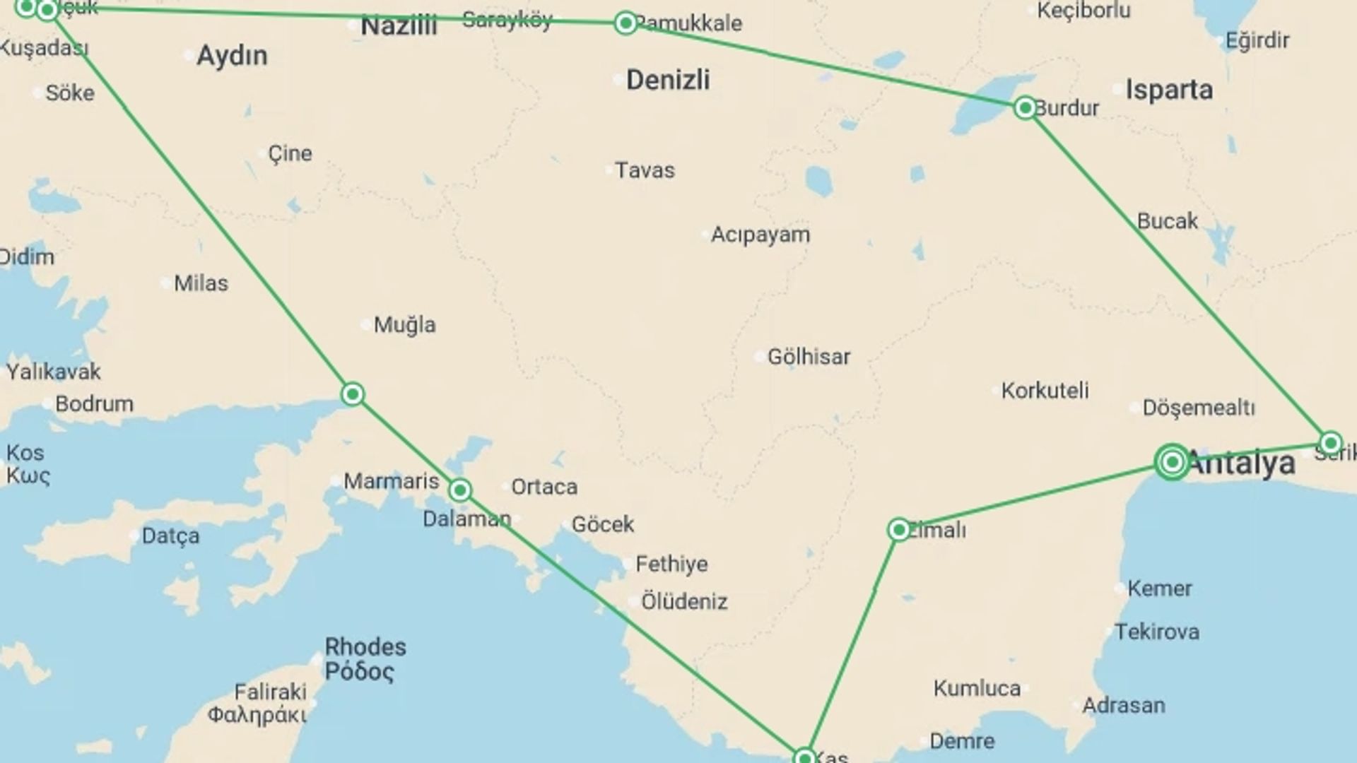 A map showing the tour itinerary for the trip: Highlights and hidden gems of Western Turkey, starting in Antalya, Turkey and ending in Antalya, Turkey going through 5 other destinations.