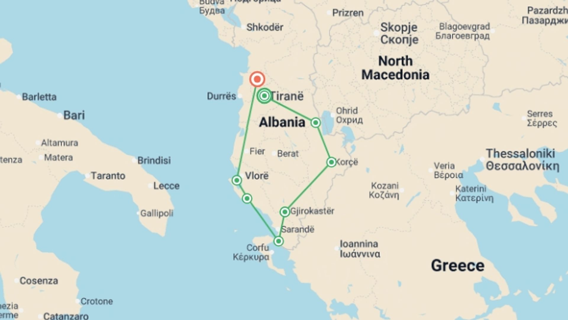 A map showing the tour itinerary for the trip: Highlights of Albania, starting in Tirana, Albania and ending in Kruje, Albania going through 4 other destinations.