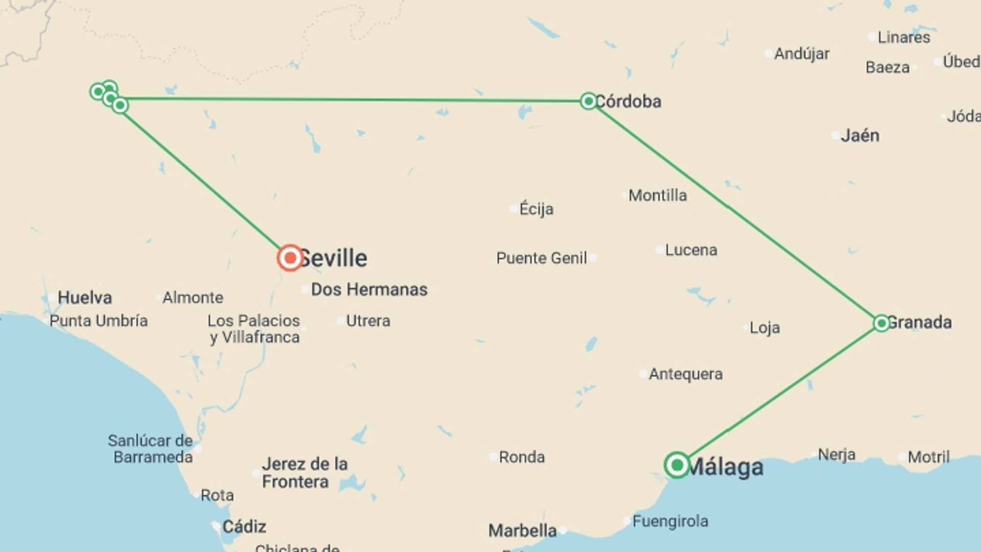 A map showing the tour itinerary for the trip: Highlights of Andalucia, starting in Malaga, Spain and ending in Seville, Spain going through 5 other destinations.