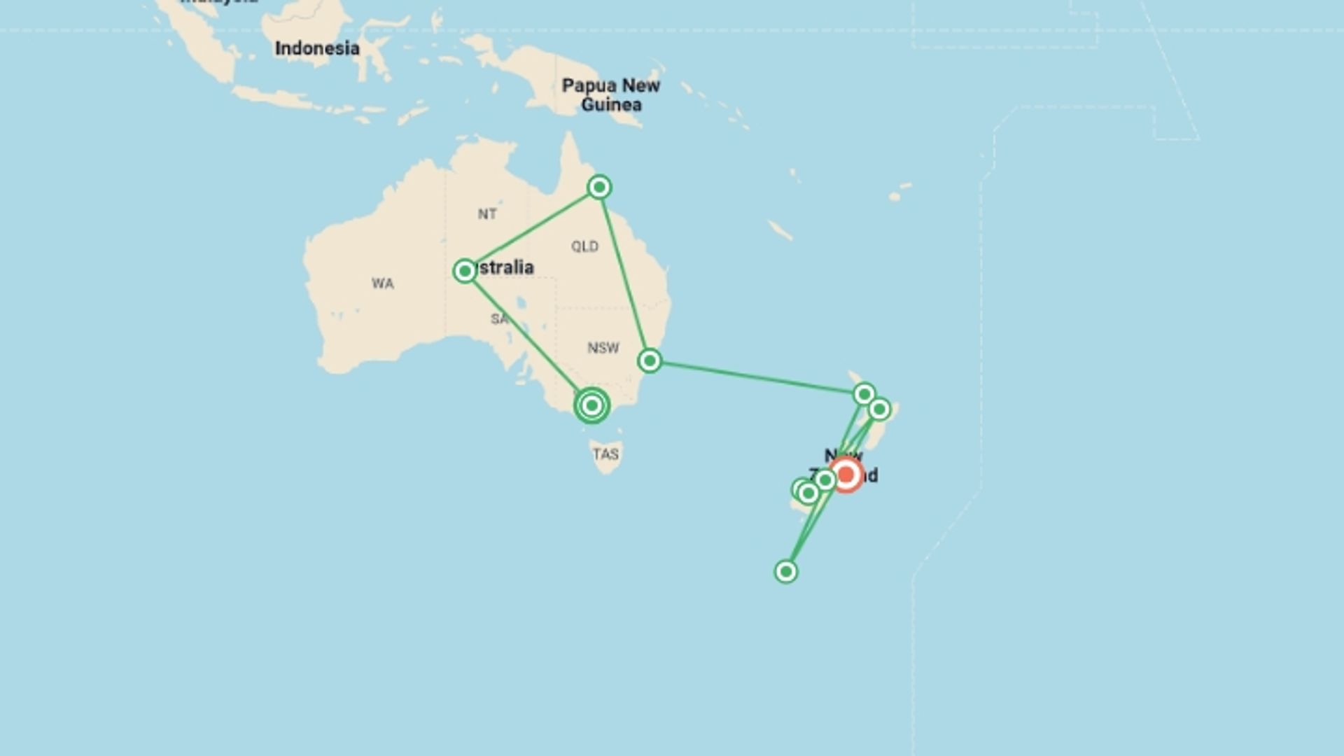 A map showing the tour itinerary for the trip: Highlights of Australia and New Zealand, starting in Melbourne, Australia and ending in Christchurch, New Zealand going through 7 other destinations.