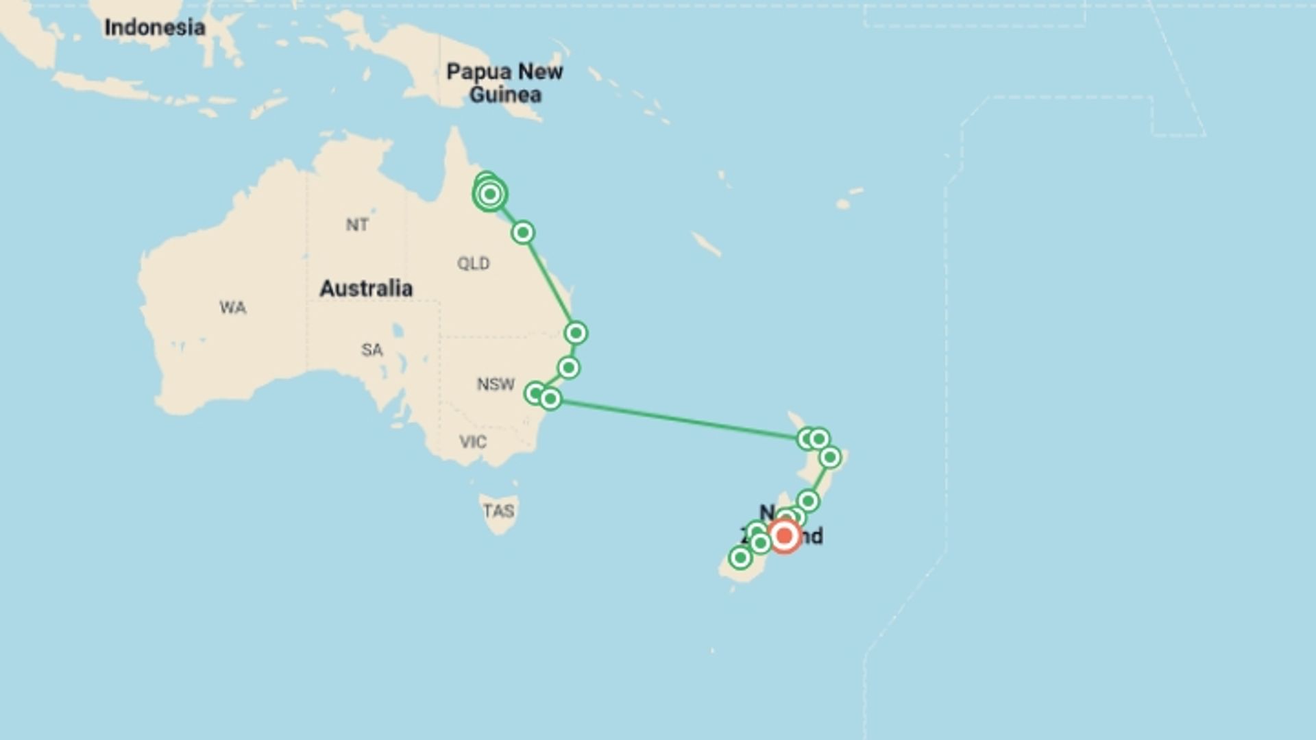 A map showing the tour itinerary for the trip: Highlights of Australia and New Zealand, starting in Cairns, Australia and ending in Christchurch, New Zealand going through 10 other destinations.