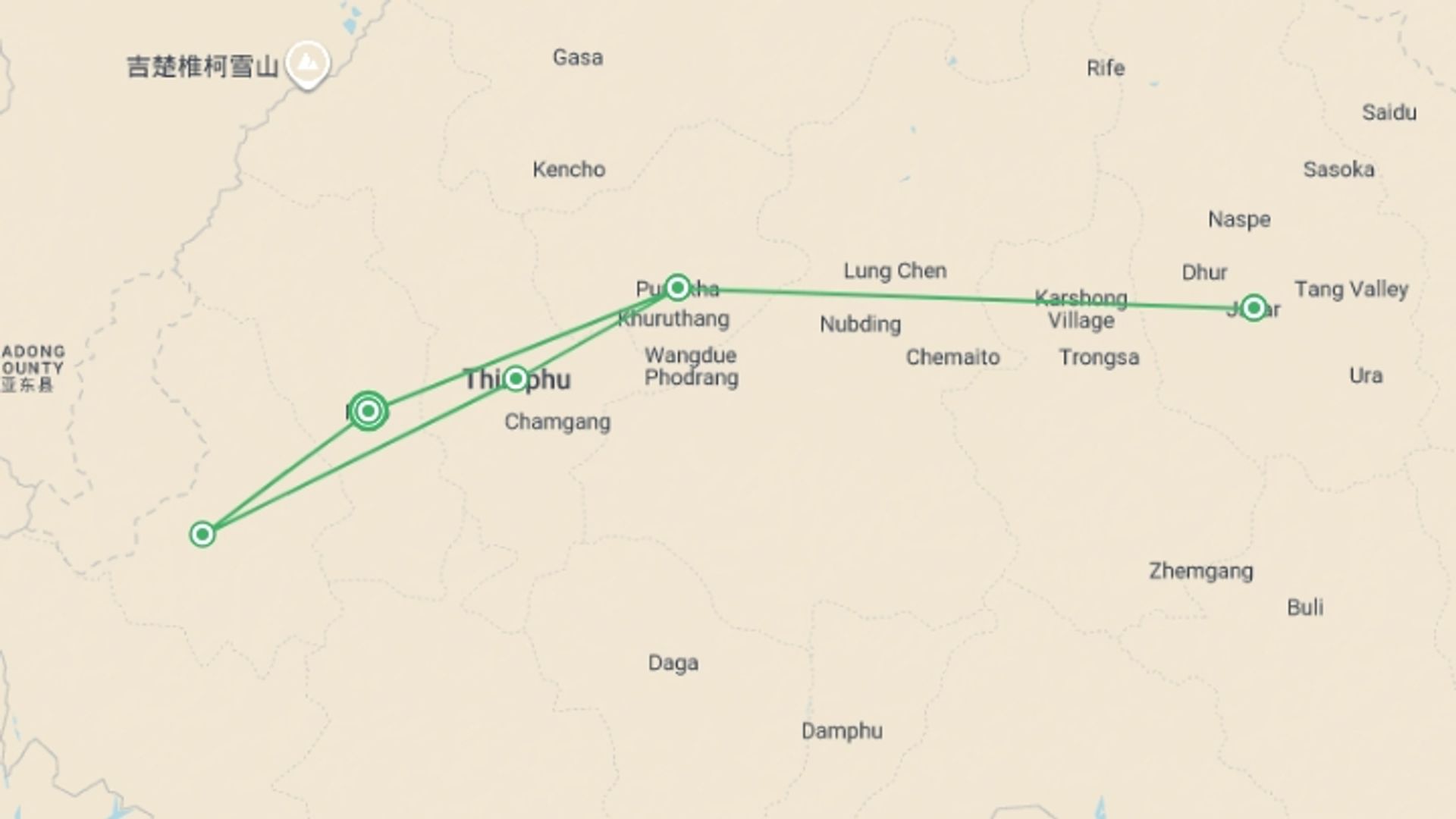 A map showing the tour itinerary for the trip: Highlights of Bhutan, starting in Paro, Bhutan and ending in Paro, Bhutan going through 3 other destinations.