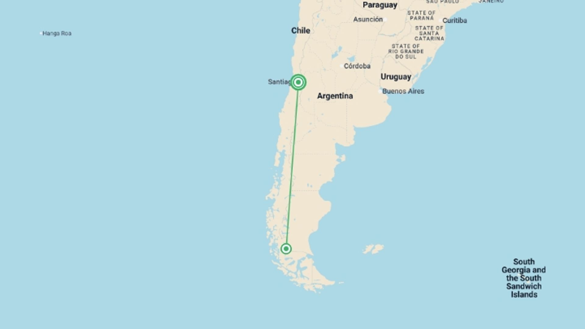 A map showing the tour itinerary for the trip: Highlights Of Chile, starting in Santiago, Chile and ending in Santiago, Chile going through 3 other destinations.