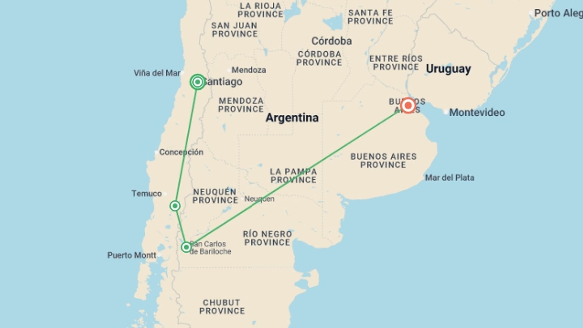 A map showing the tour itinerary for the trip: Highlights of Chile & Argentina, starting in Santiago, Chile and ending in Buenos Aires, Argentina going through 4 other destinations.