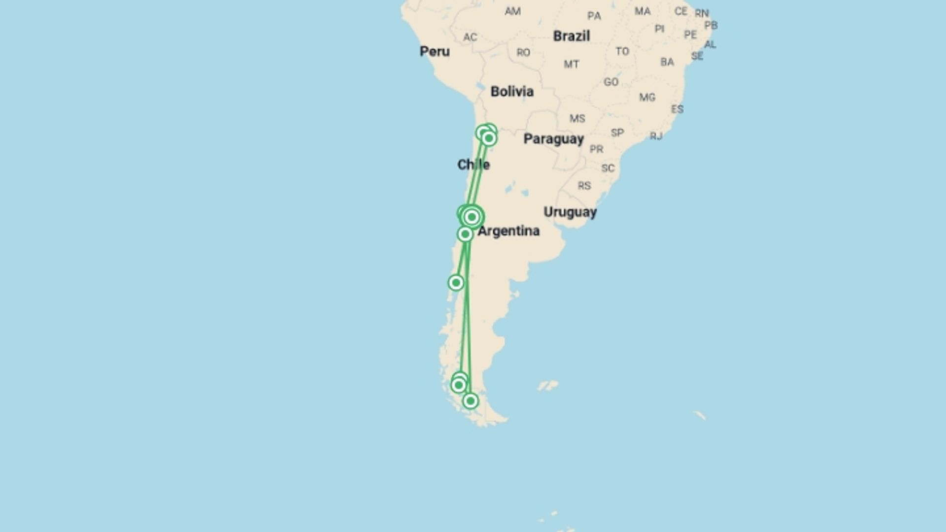 A map showing the tour itinerary for the trip: Highlights of Chile - Atacama to Paine, starting in Santiago, Chile and ending in Santiago, Chile going through 5 other destinations.