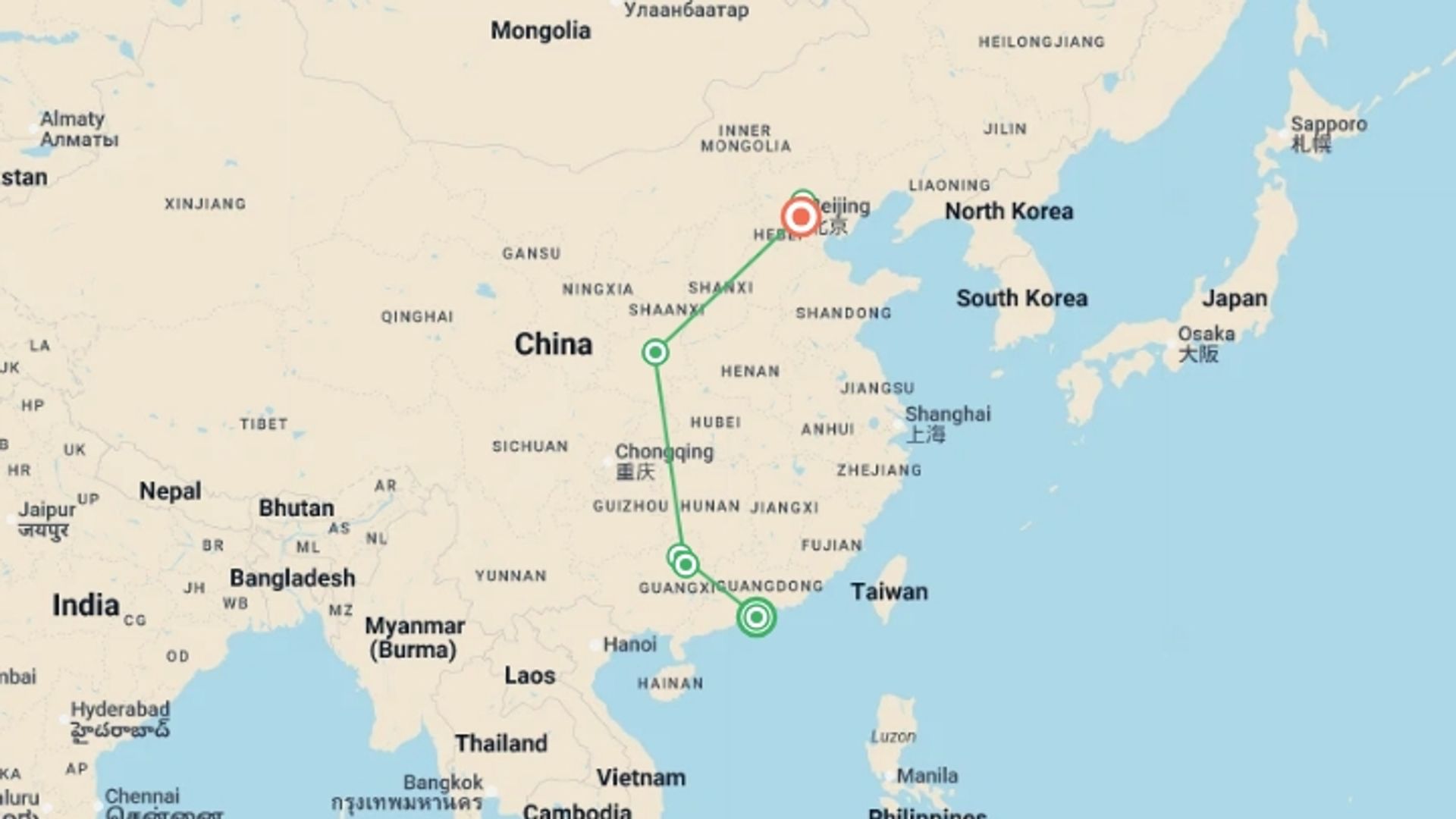 A map showing the tour itinerary for the trip: Highlights of China - Hong Kong to Beijing, starting in Hong Kong, Hong Kong and ending in Beijing, China going through 5 other destinations.