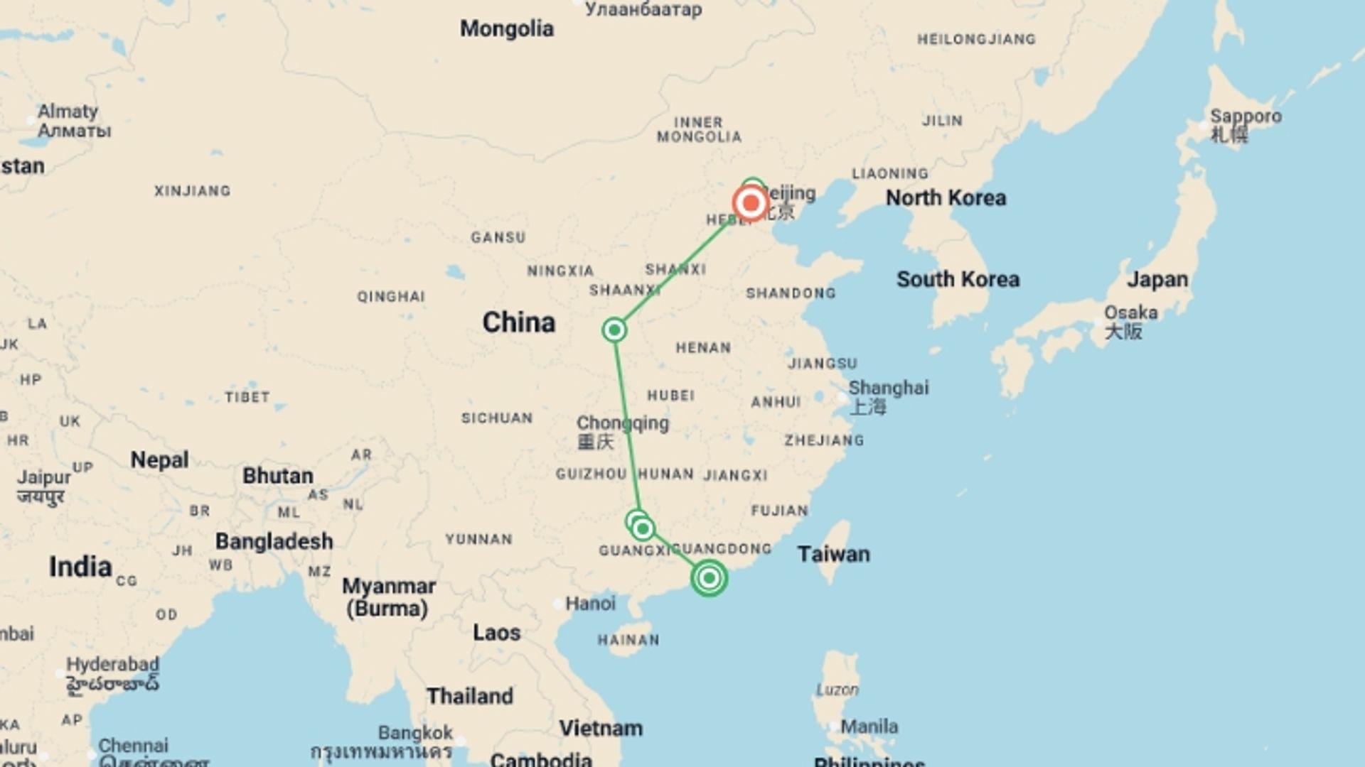 A map showing the tour itinerary for the trip: Highlights of China - Hong Kong to Beijing, starting in Hong Kong, Hong Kong and ending in Beijing, China going through 5 other destinations.