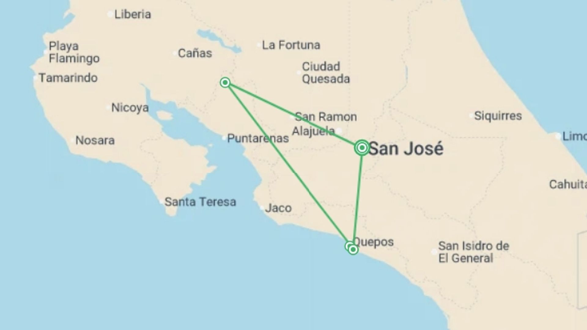 A map showing the tour itinerary for the trip: Highlights of Costa Rica, starting in San Jose, Costa Rica and ending in San Jose, Costa Rica going through 2 other destinations.